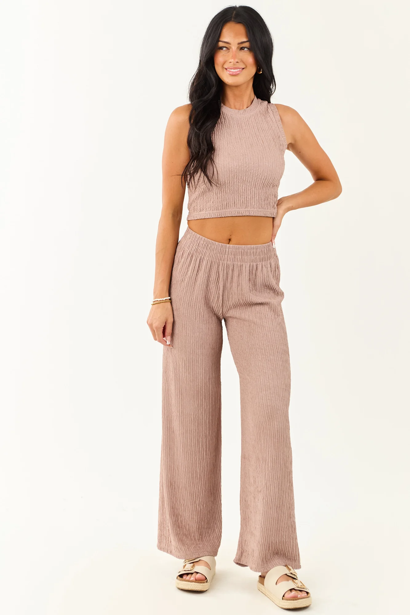 Crinkled Sleeveless Crop Top and Pants Set in Rose Taupe