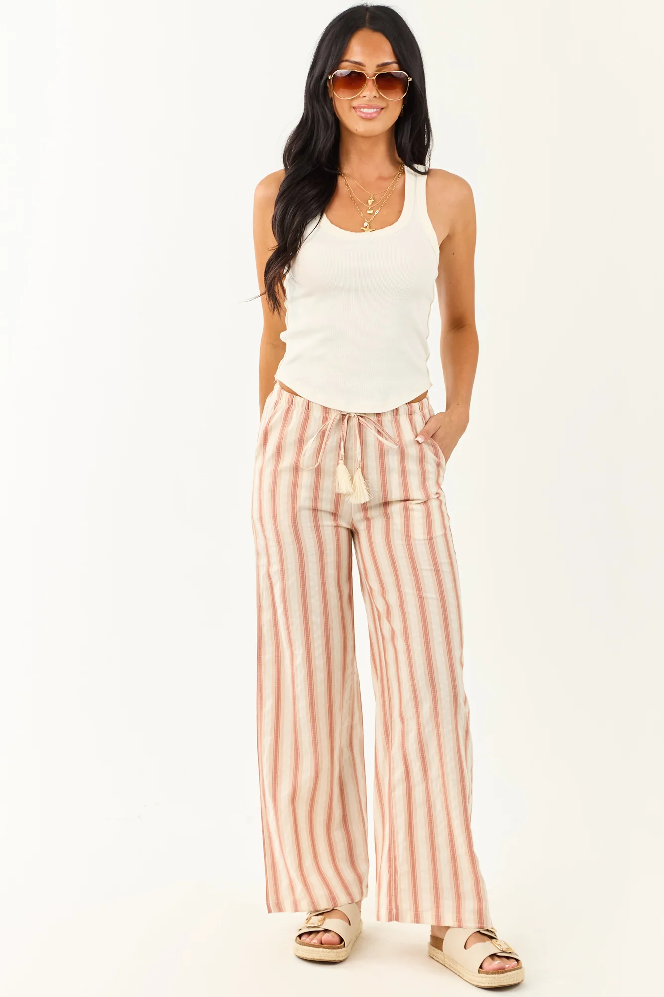 Terracotta and Apricot Striped Cotton Flowy Pants