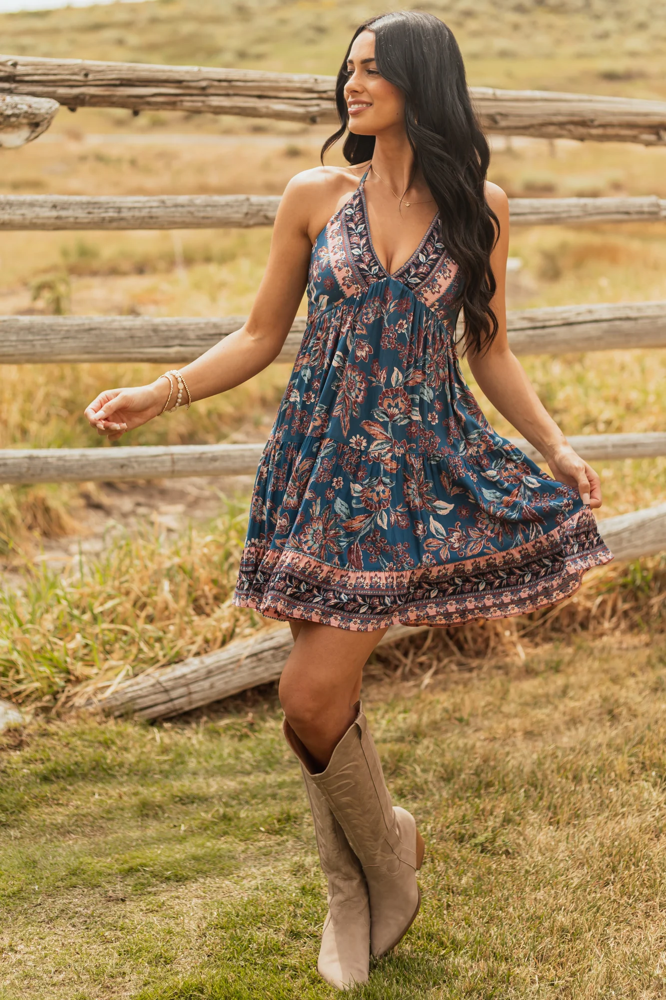 Floral Print Halter Neck Mini Dress - Boho Chic Style