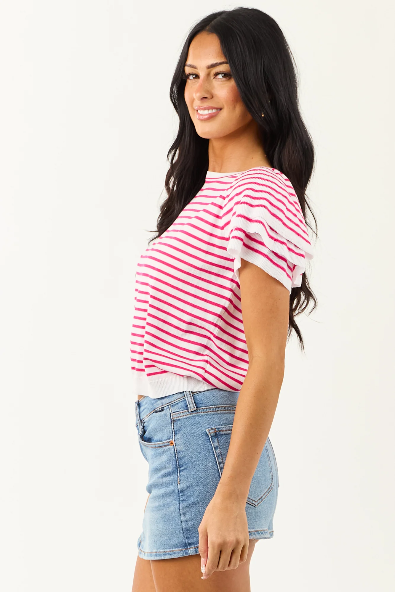 Striped Short Sleeve Top in Off White & Raspberry