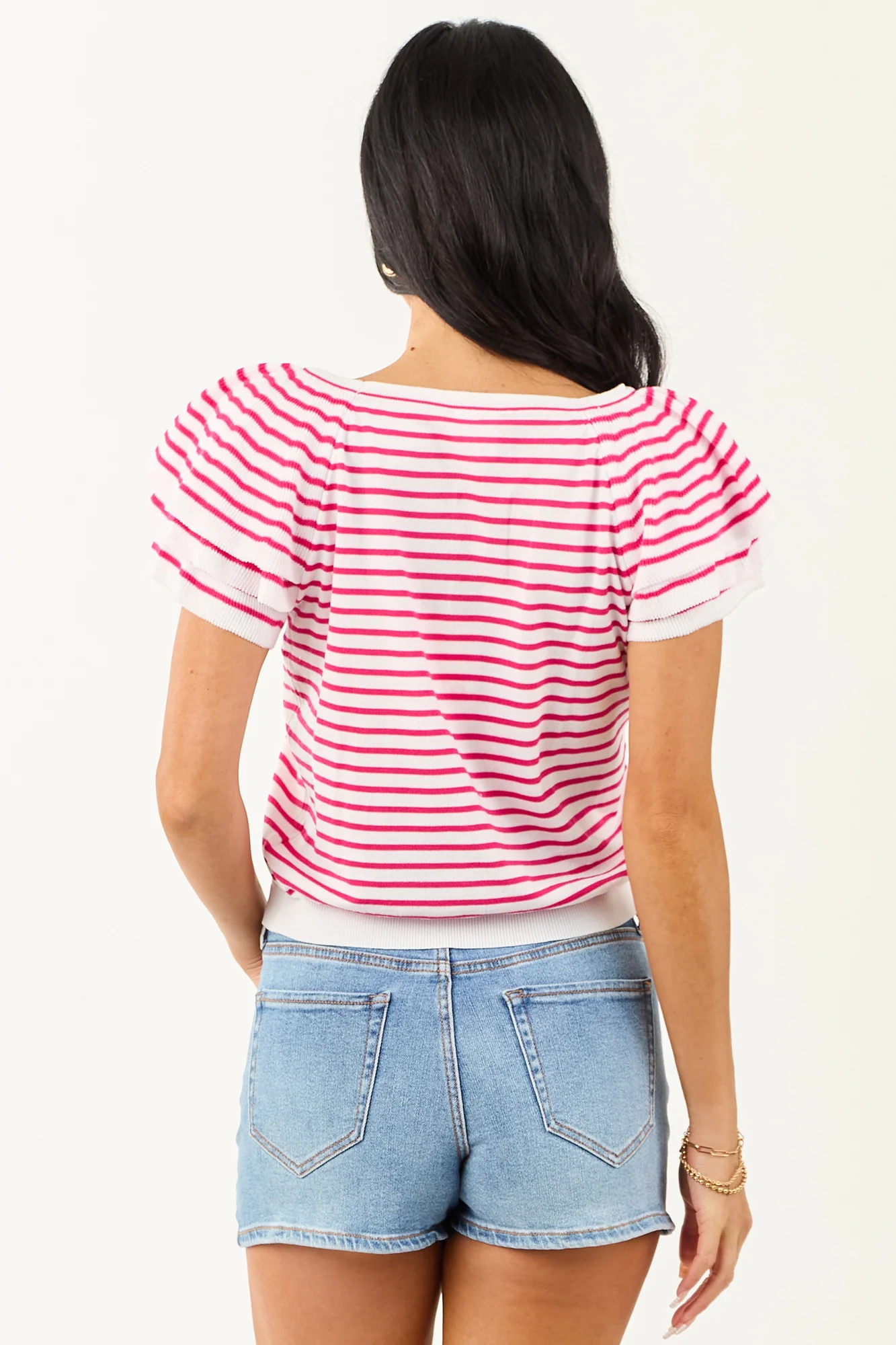 Striped Short Sleeve Top in Off White & Raspberry