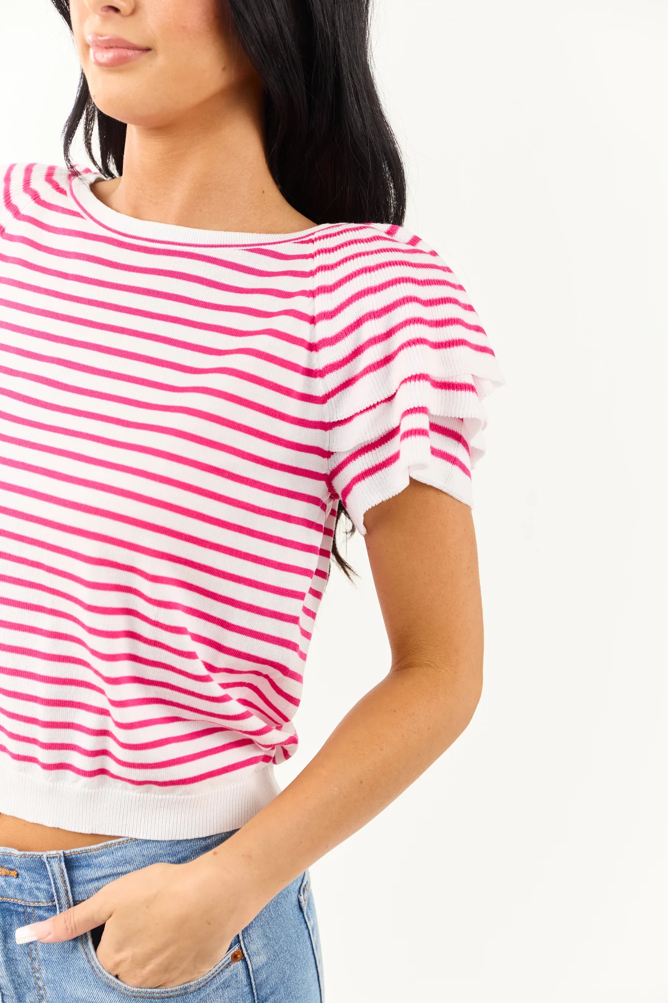Striped Short Sleeve Top in Off White & Raspberry
