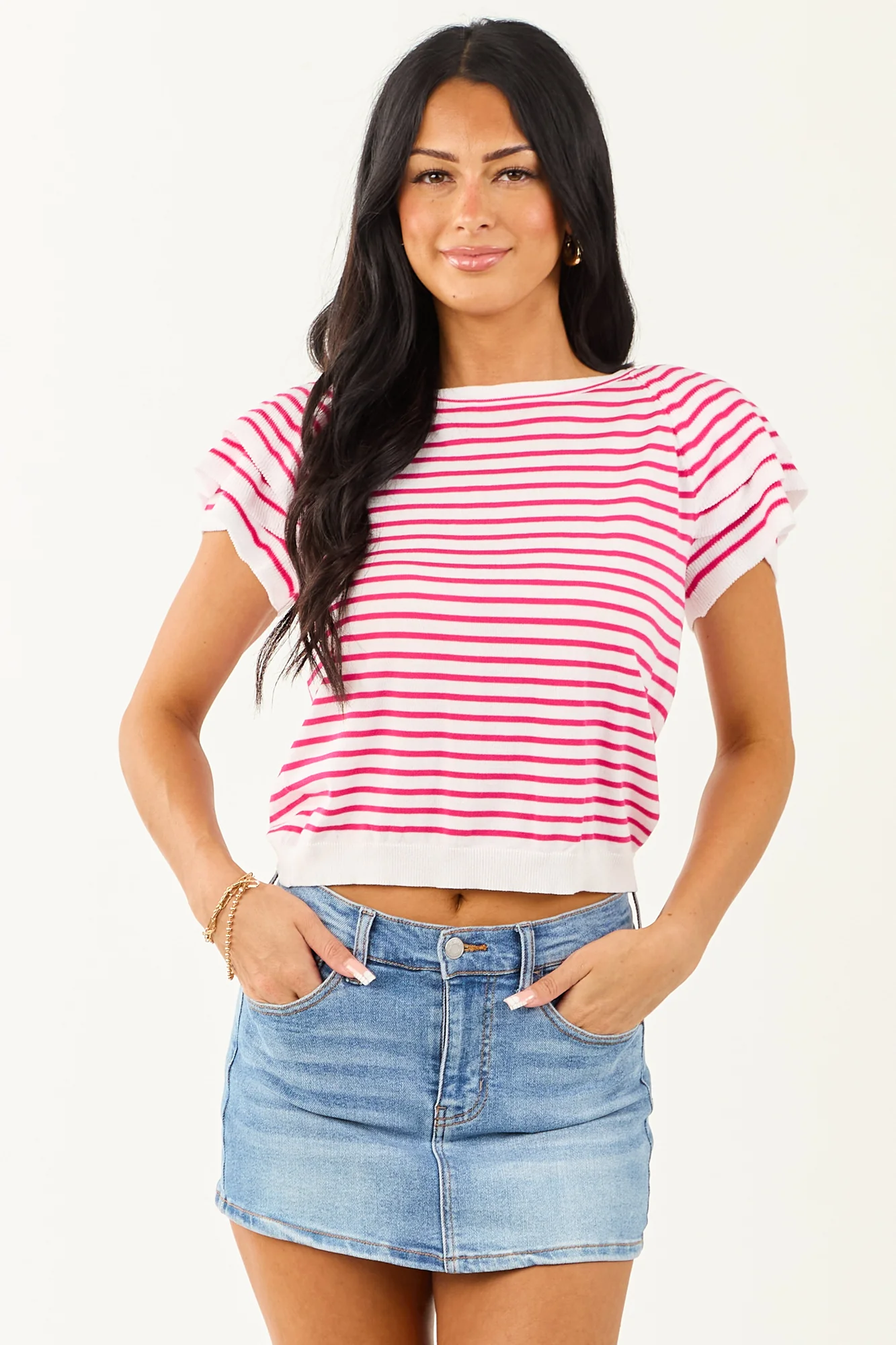 Striped Short Sleeve Top in Off White & Raspberry