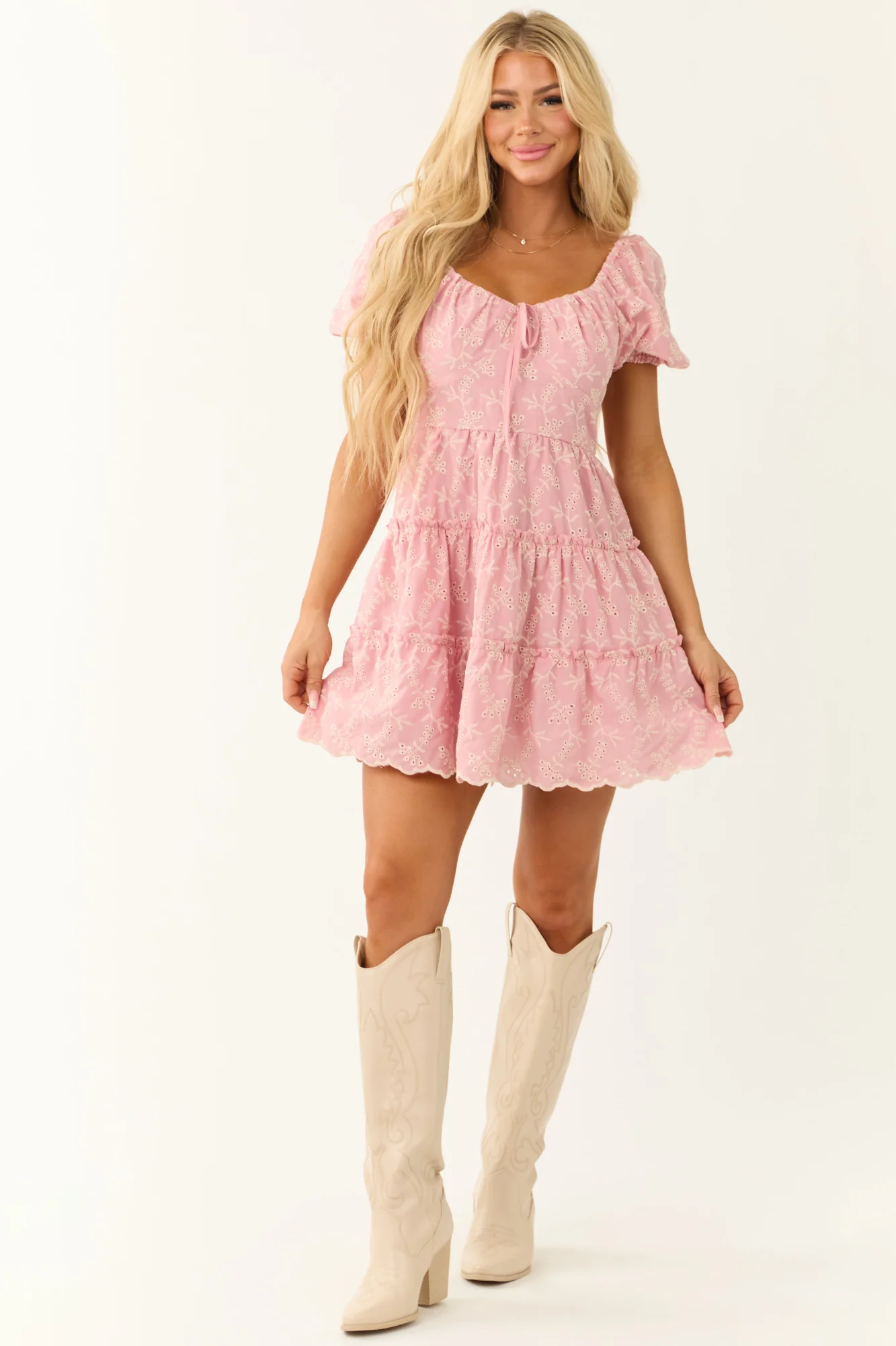 Baby Pink Tiered Floral Eyelet Mini Dress