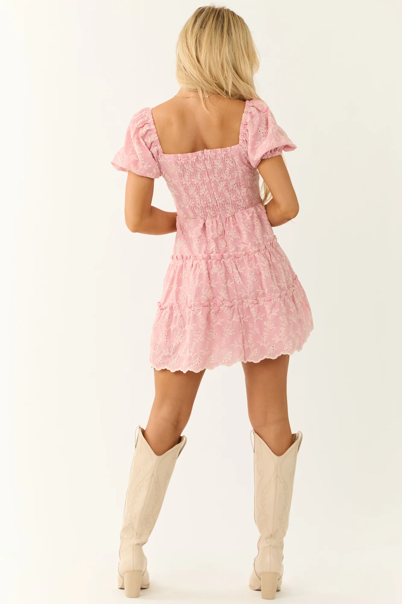 Baby Pink Tiered Floral Eyelet Mini Dress