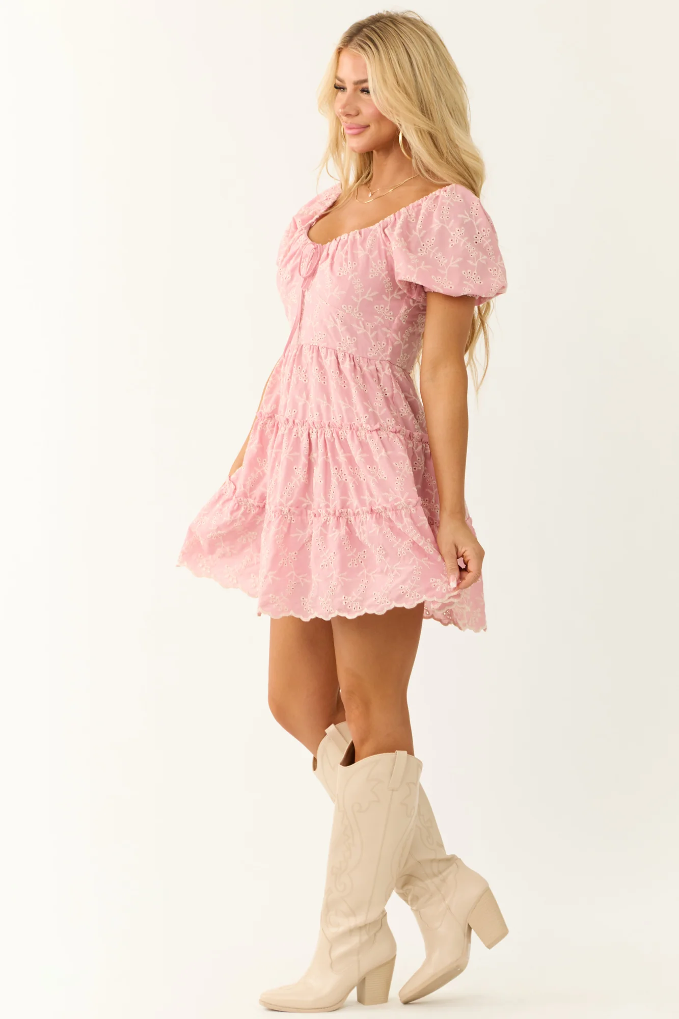 Baby Pink Tiered Floral Eyelet Mini Dress