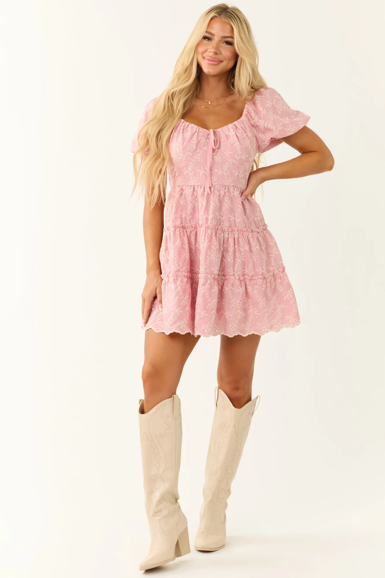 Baby Pink Tiered Floral Eyelet Mini Dress