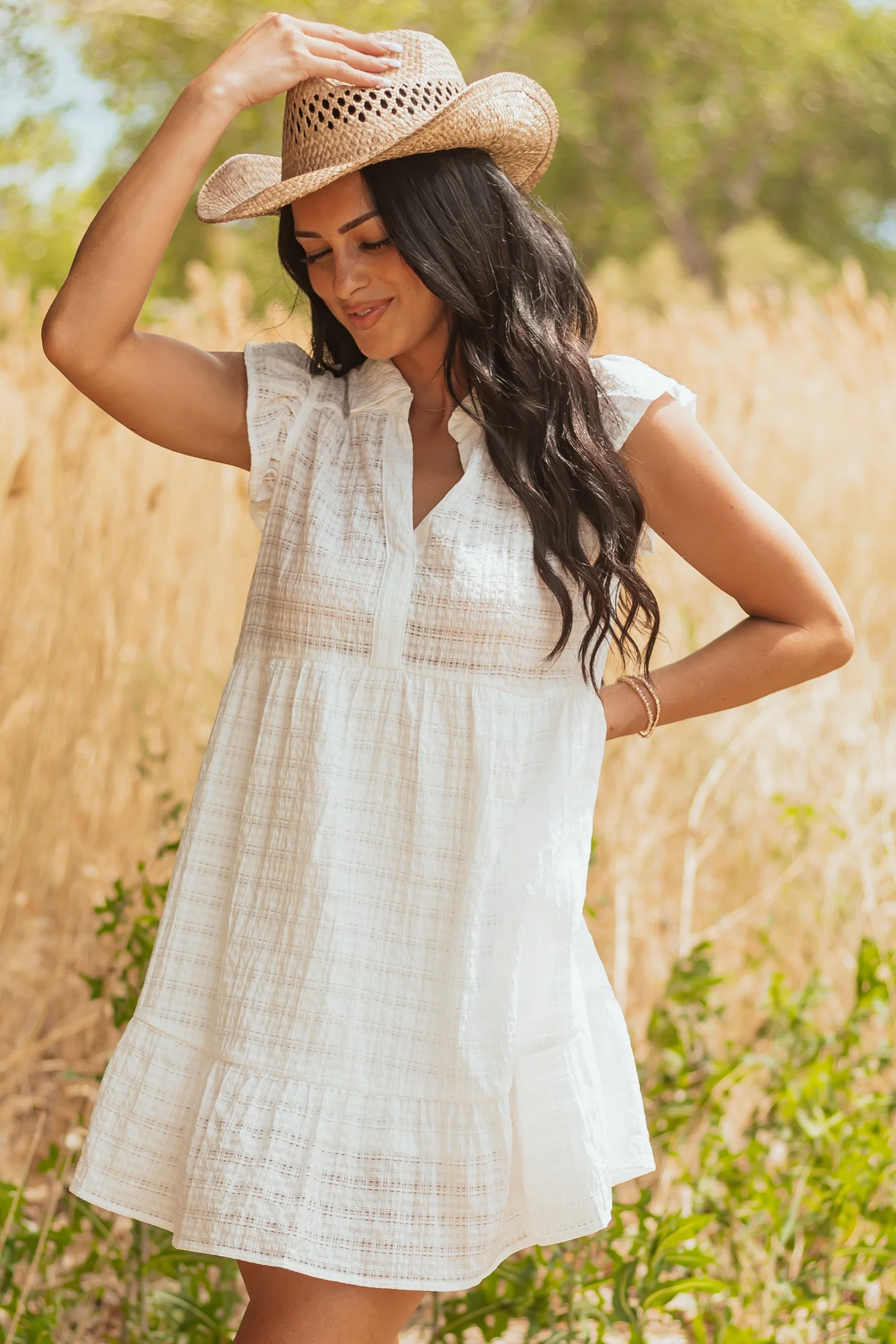 White Textured V Neck Sleeve Mini Dress