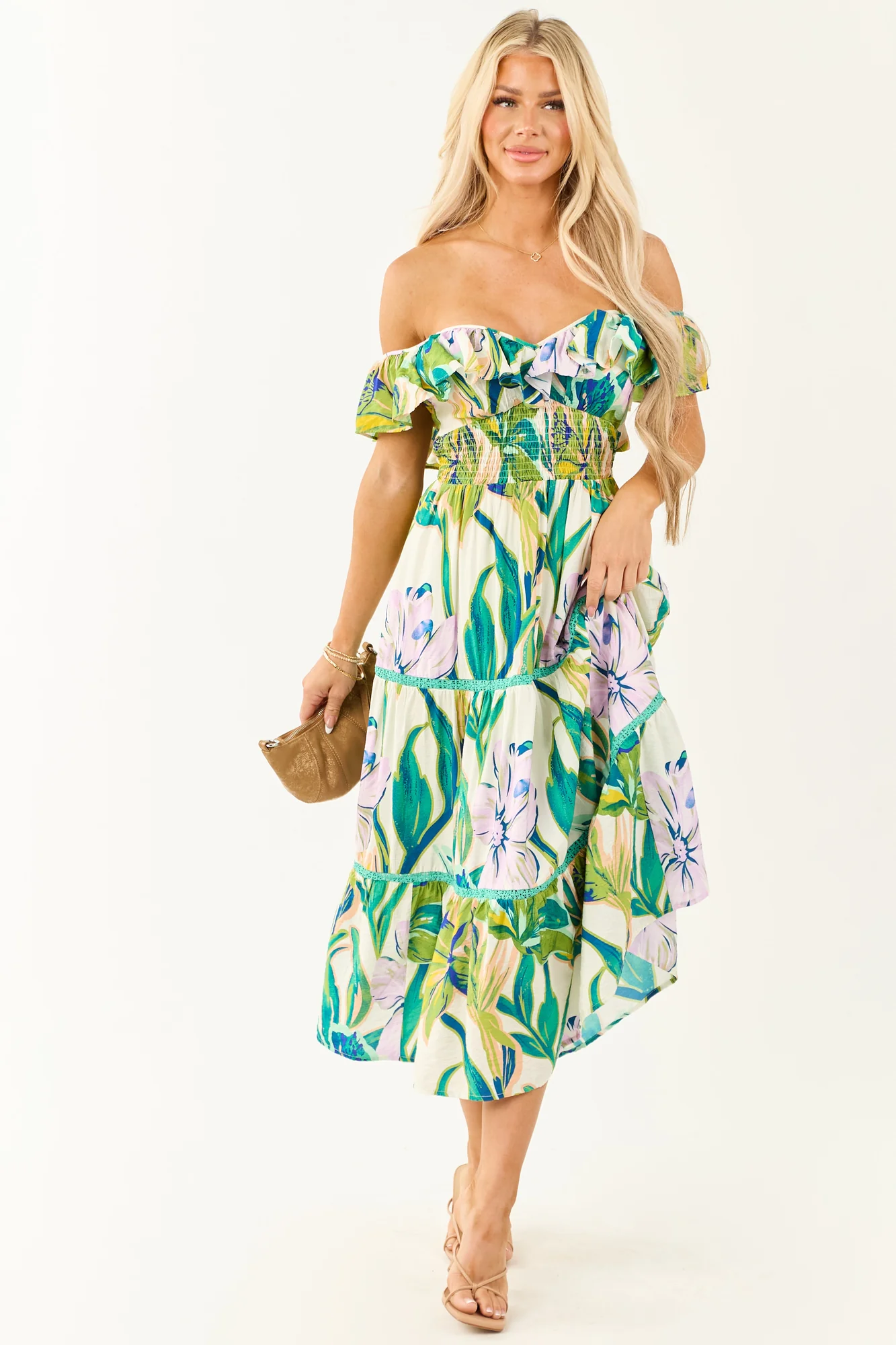 Tropical Floral Smocked Lace Tiered Midi Dress - Ivory