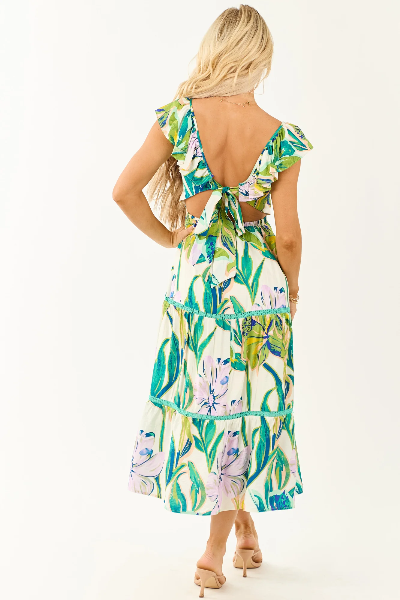 Tropical Floral Smocked Lace Tiered Midi Dress - Ivory