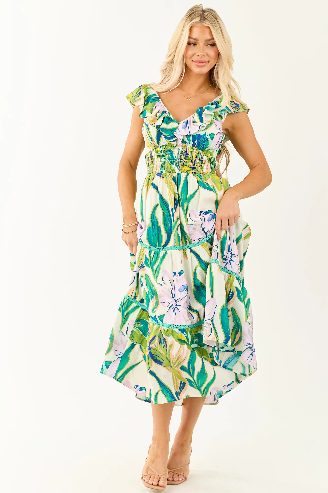 Tropical Floral Smocked Lace Tiered Midi Dress - Ivory