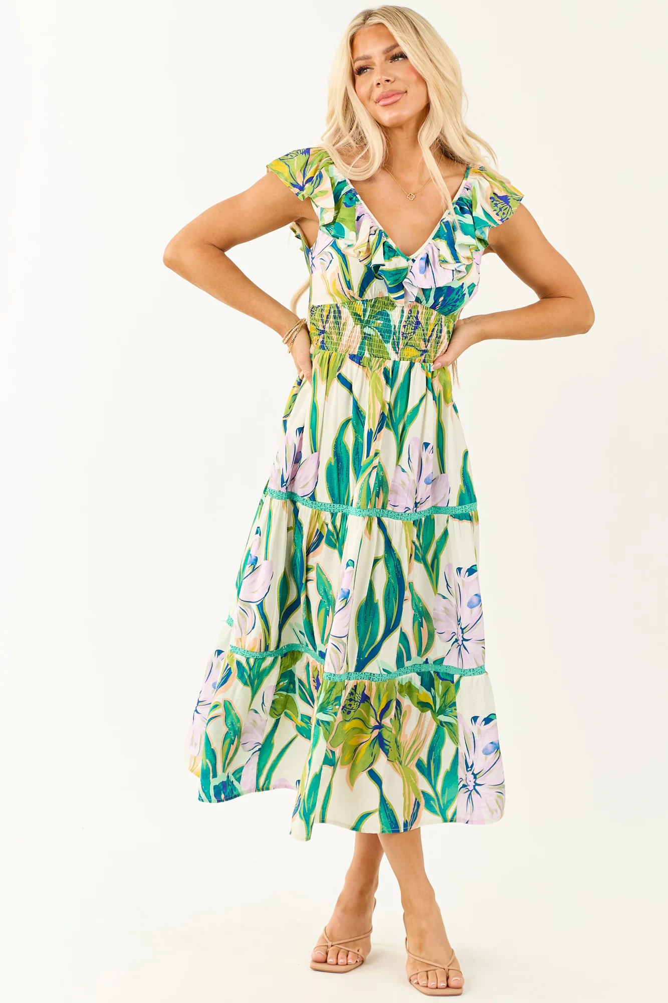 Tropical Floral Smocked Lace Tiered Midi Dress - Ivory