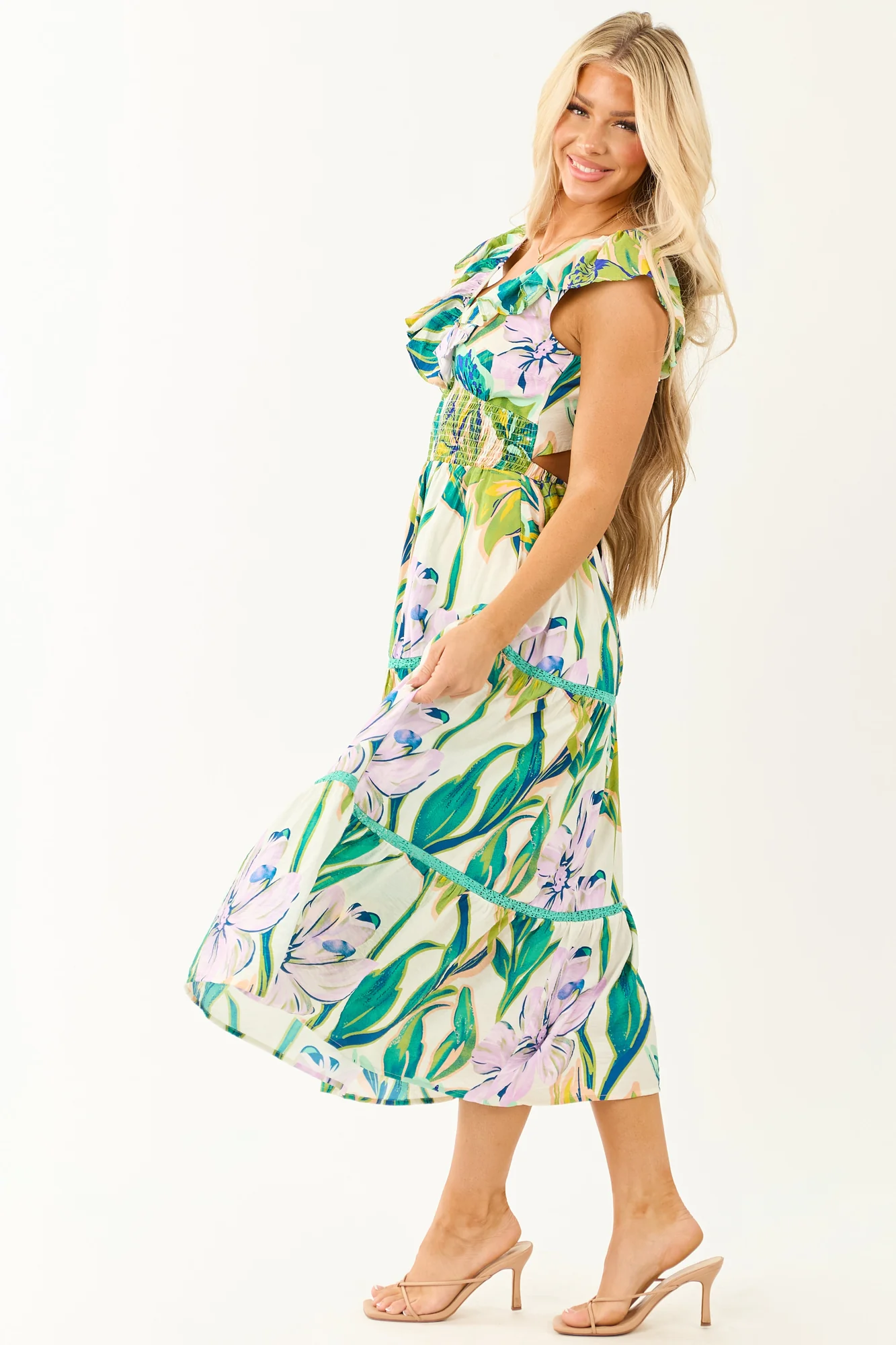 Tropical Floral Smocked Lace Tiered Midi Dress - Ivory