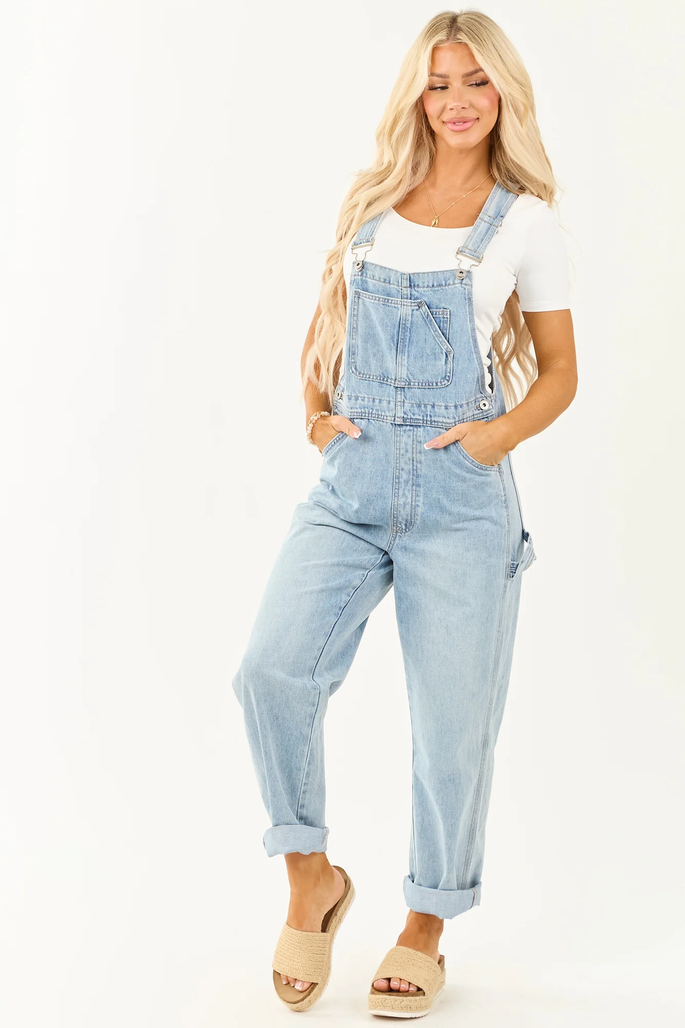 Light Wash Utility Straight Leg Overalls
