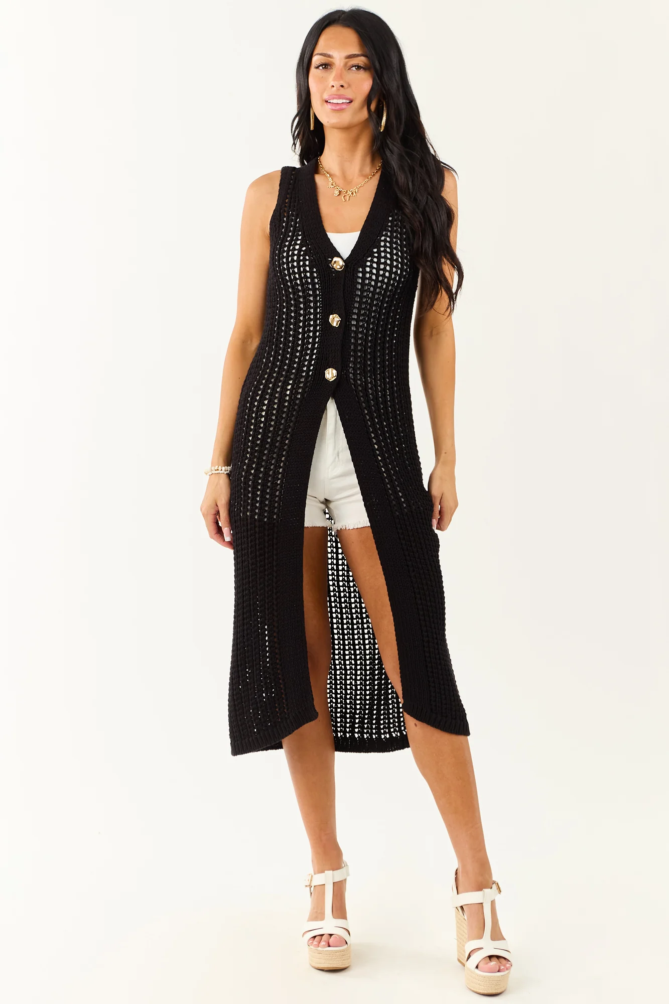 Boho Black Crochet Cotton Duster Vest