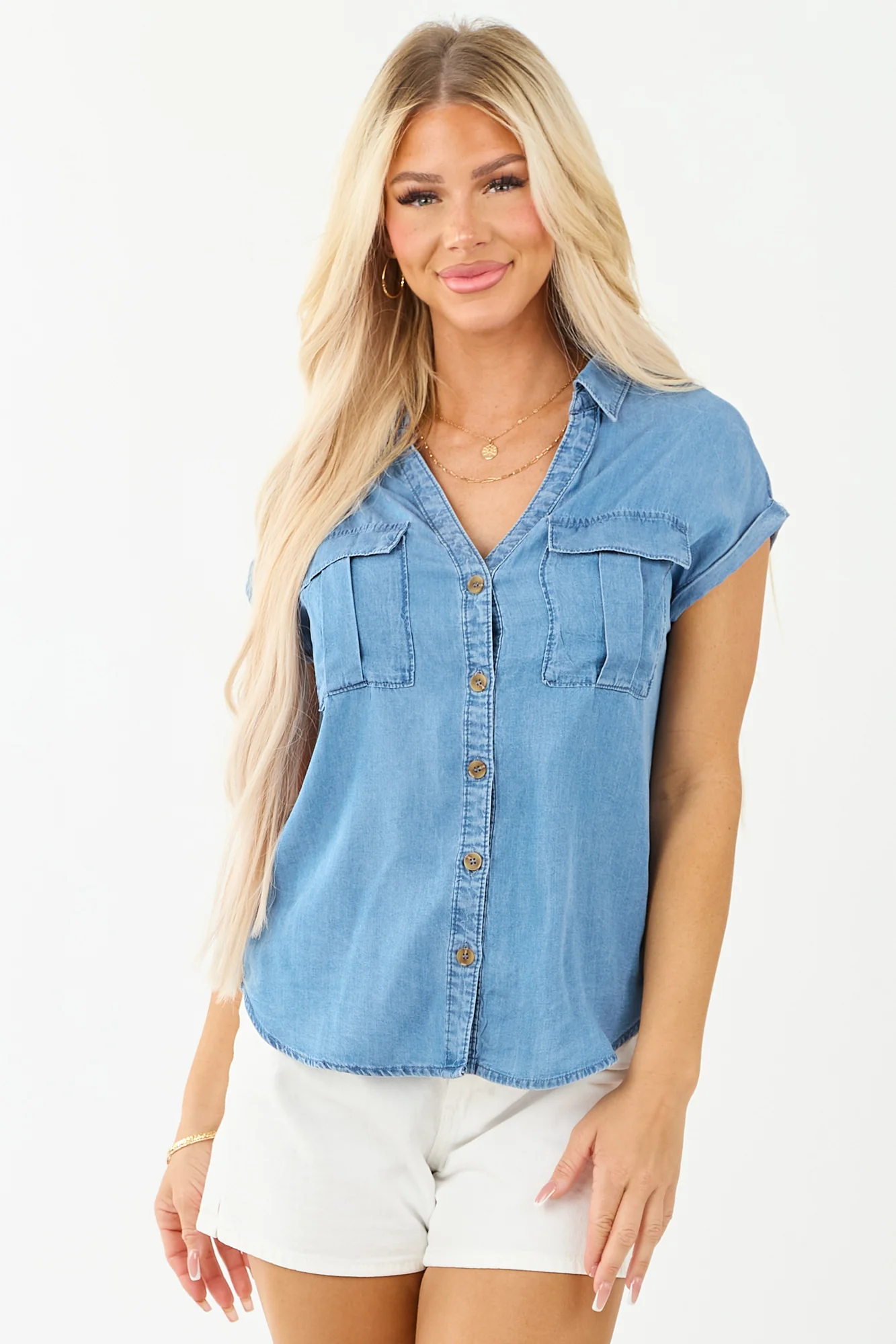 Chambray Denim Button Up Top - Casual and Comfy for Women