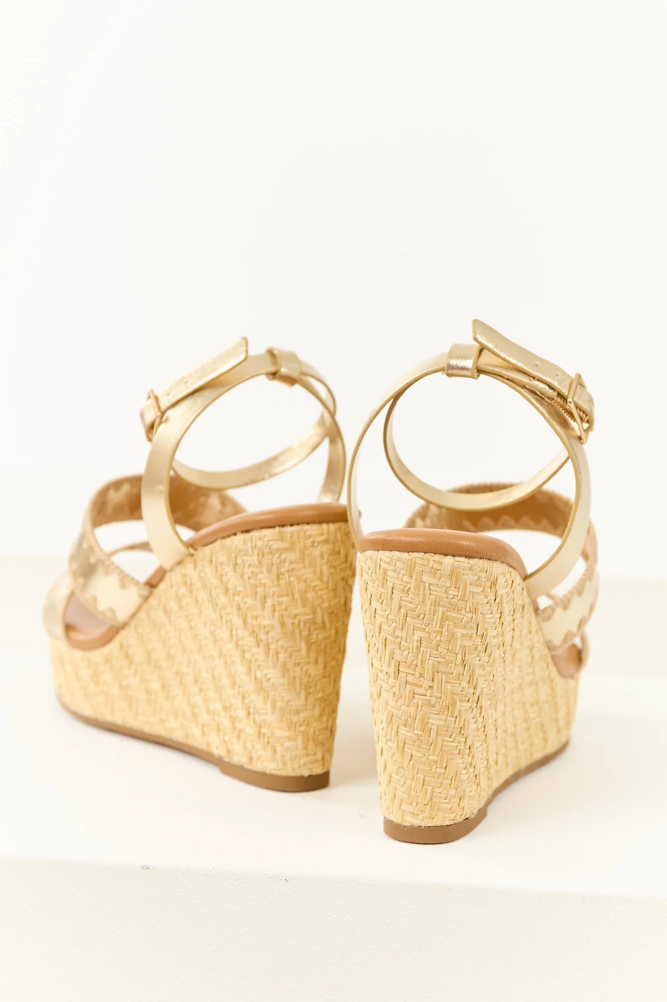 Gold Raffia Strappy Platform Wedges