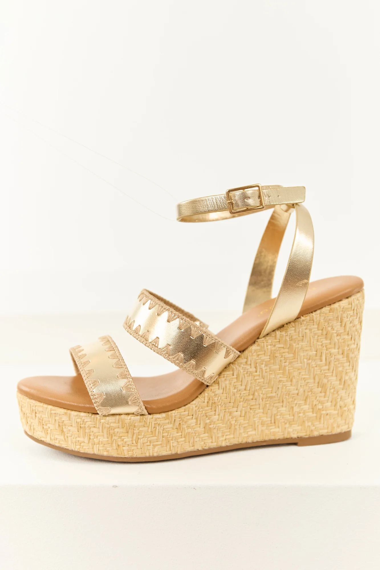 Gold Raffia Strappy Platform Wedges