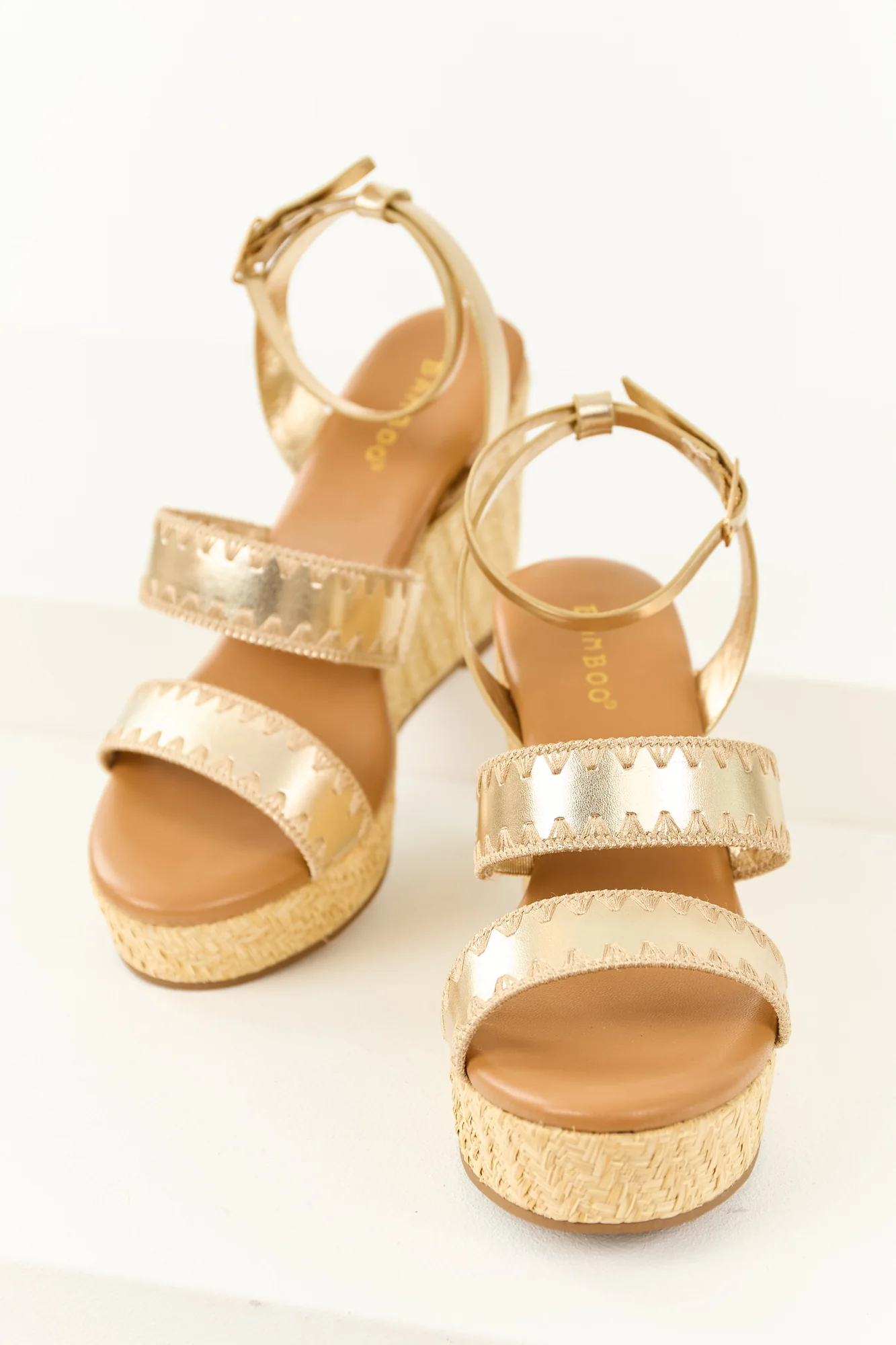 Gold Raffia Strappy Platform Wedges