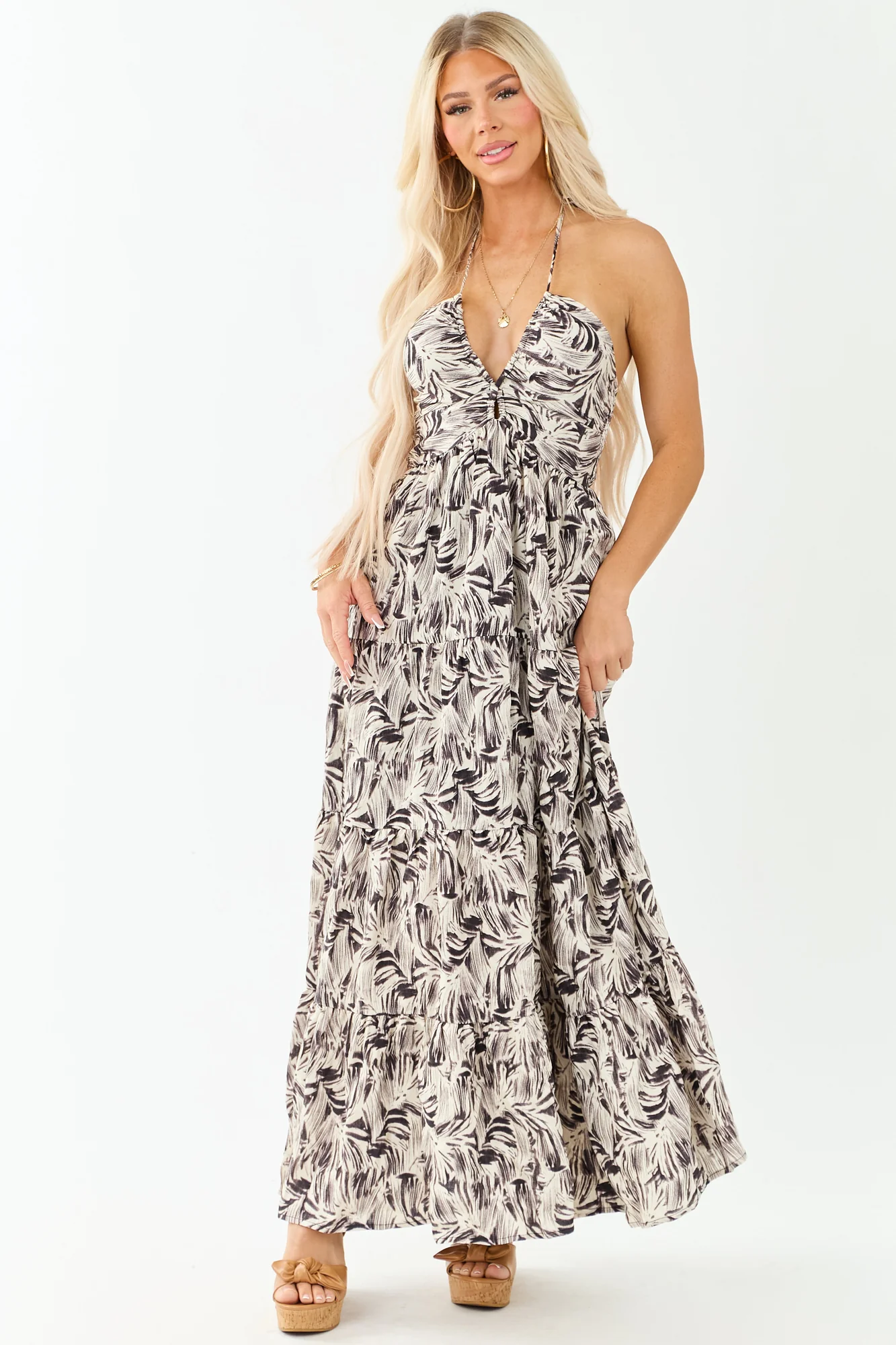 Abstract Print Halter Maxi Dress in Coconut Black