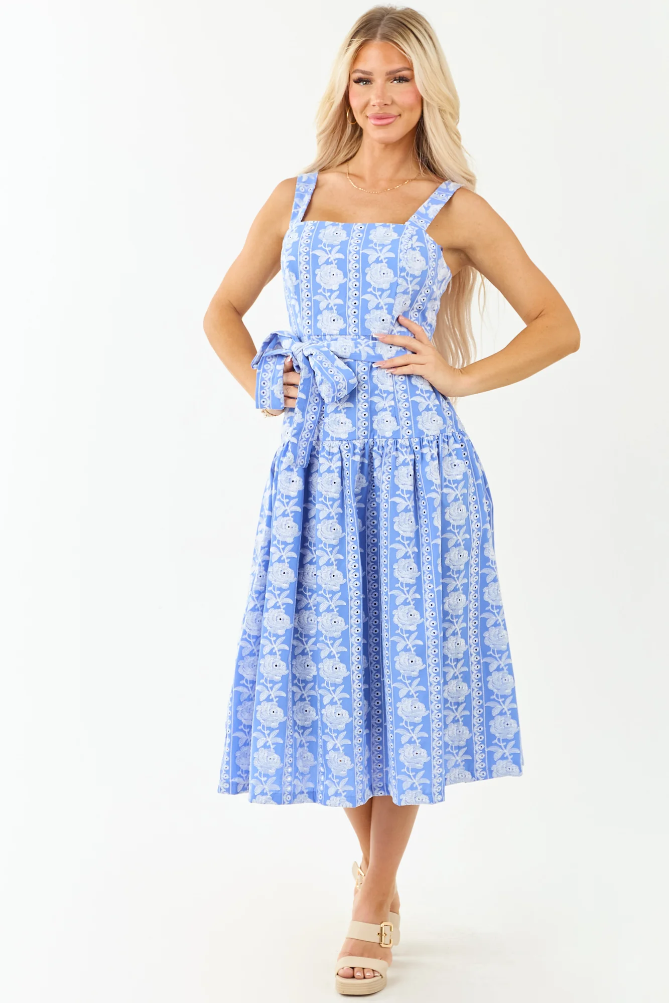 Beautiful Cornflower Embroidered Midi Dress with Waist Tie