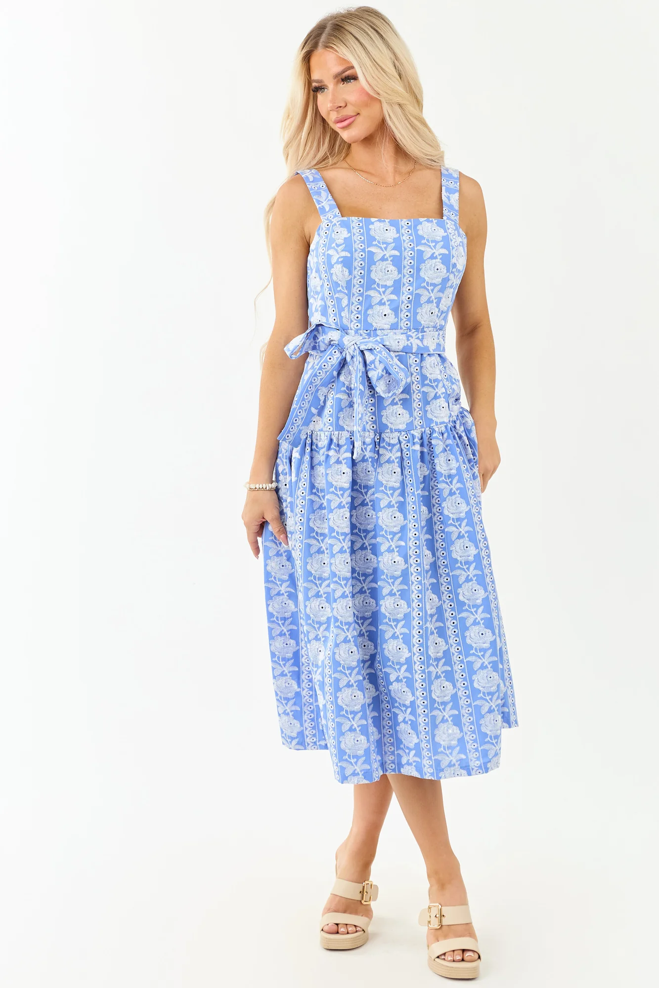 Beautiful Cornflower Embroidered Midi Dress with Waist Tie