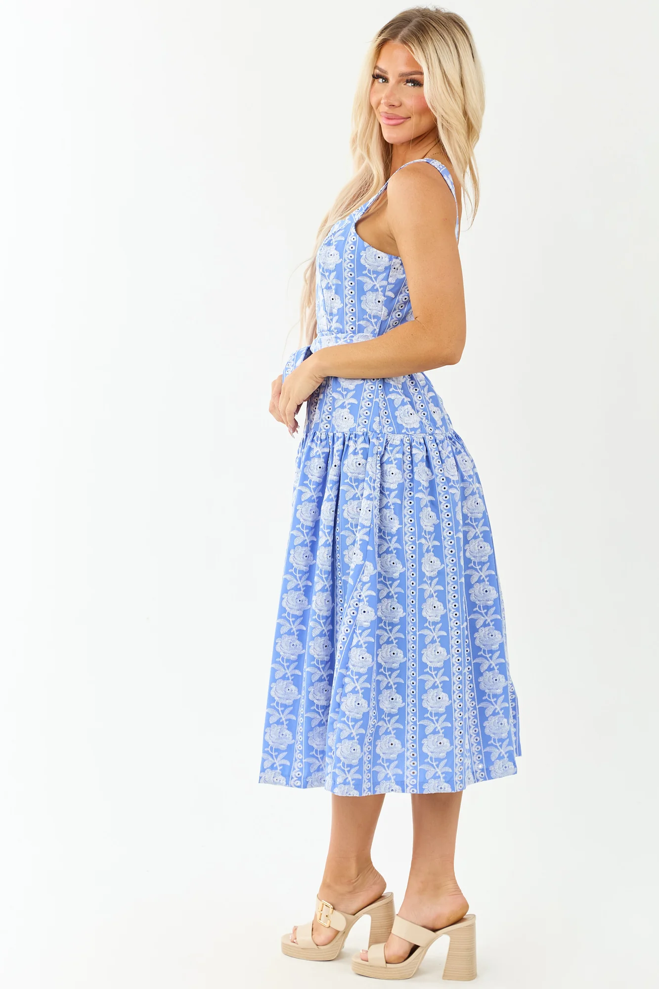 Beautiful Cornflower Embroidered Midi Dress with Waist Tie