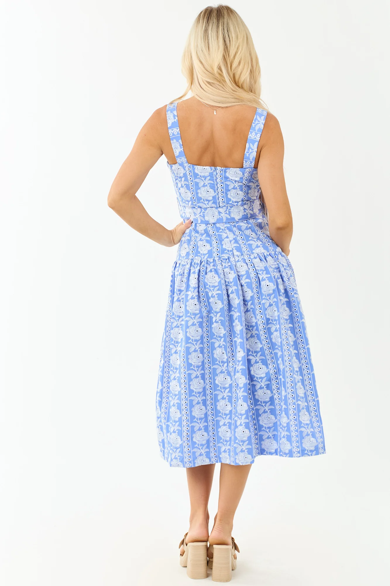 Beautiful Cornflower Embroidered Midi Dress with Waist Tie