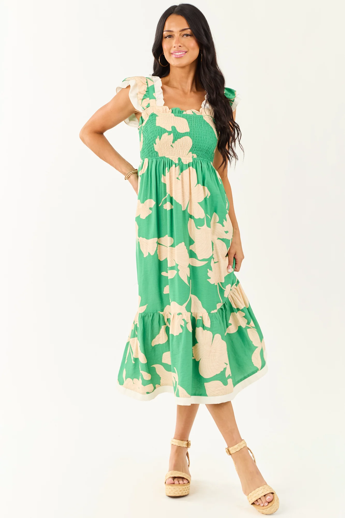 Floral Print Smocked Kelly Green Midi Dress