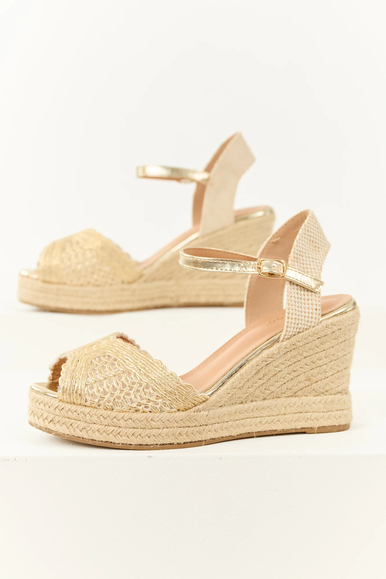 Gold Metallic Espadrille Wedges with Crochet Straps