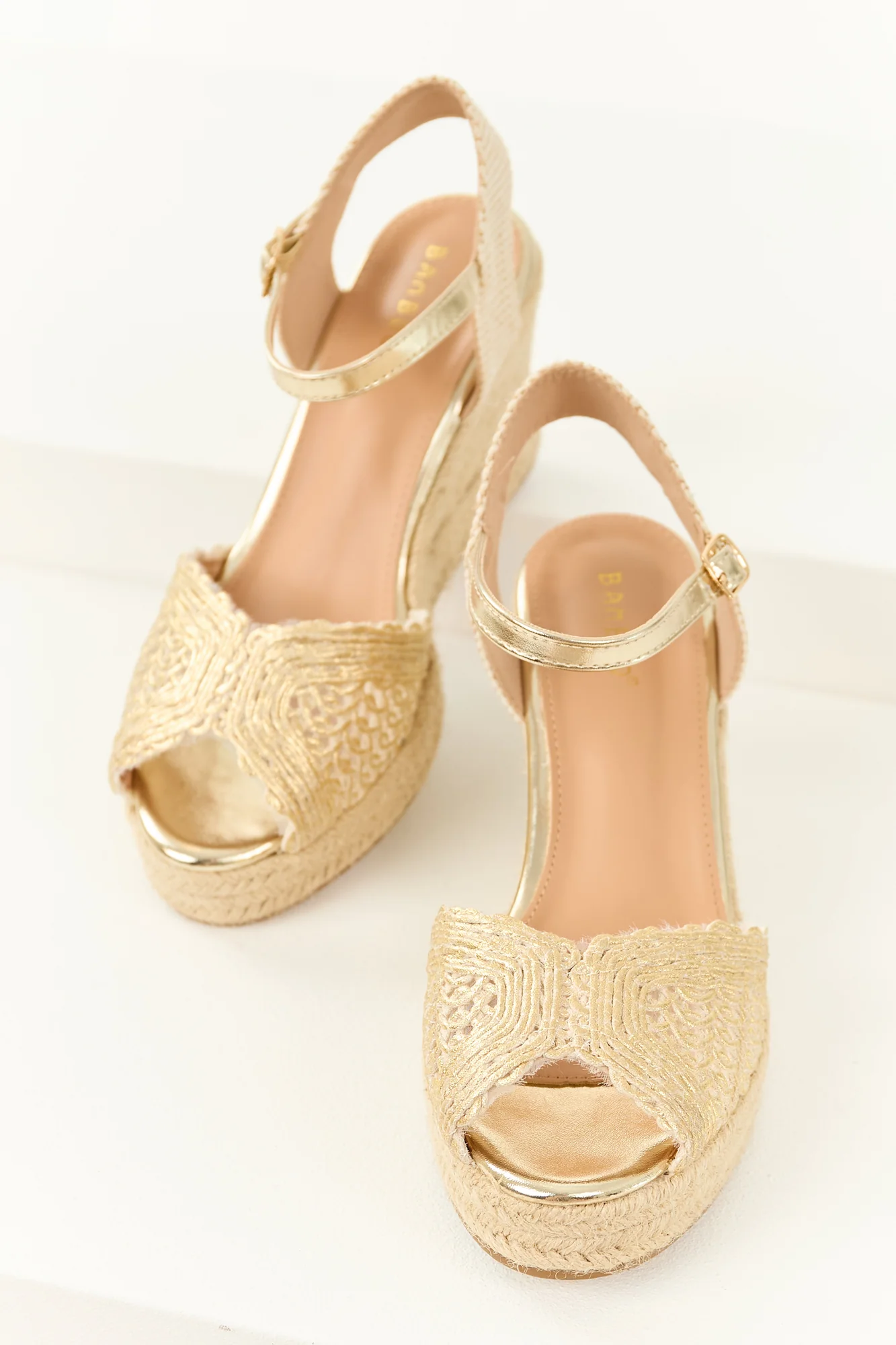 Gold Metallic Espadrille Wedges with Crochet Straps