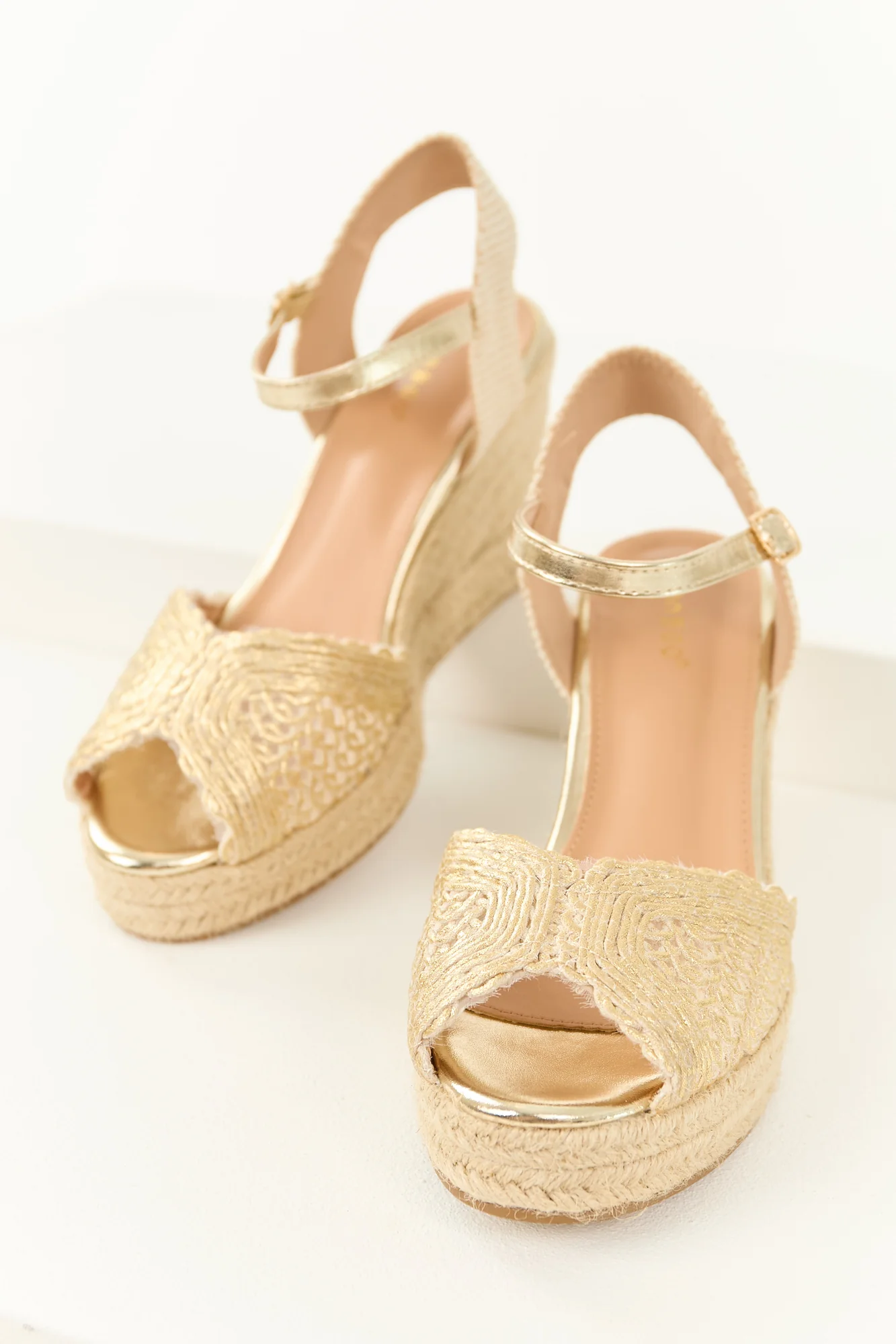 Gold Metallic Espadrille Wedges with Crochet Straps