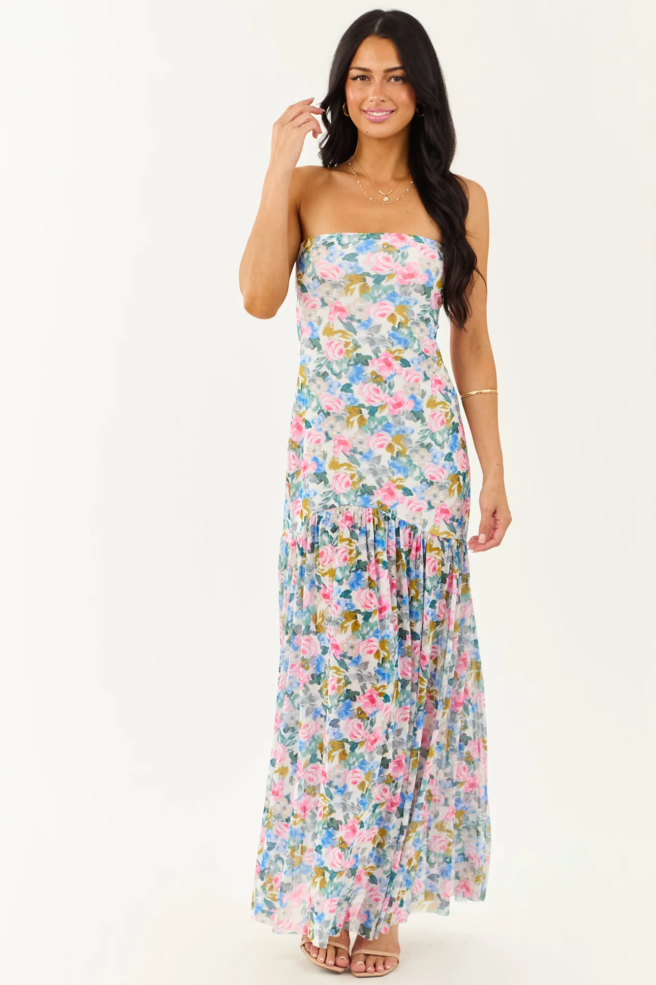 Floral Print Front Slit Mesh Maxi Dress - Garden Inspired Style