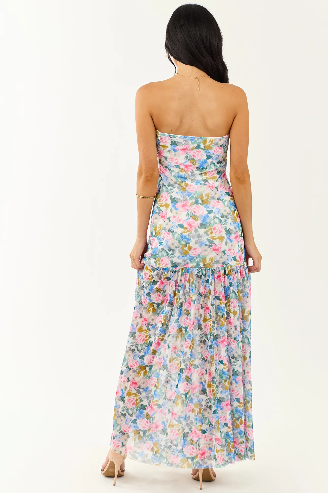 Floral Print Front Slit Mesh Maxi Dress - Garden Inspired Style