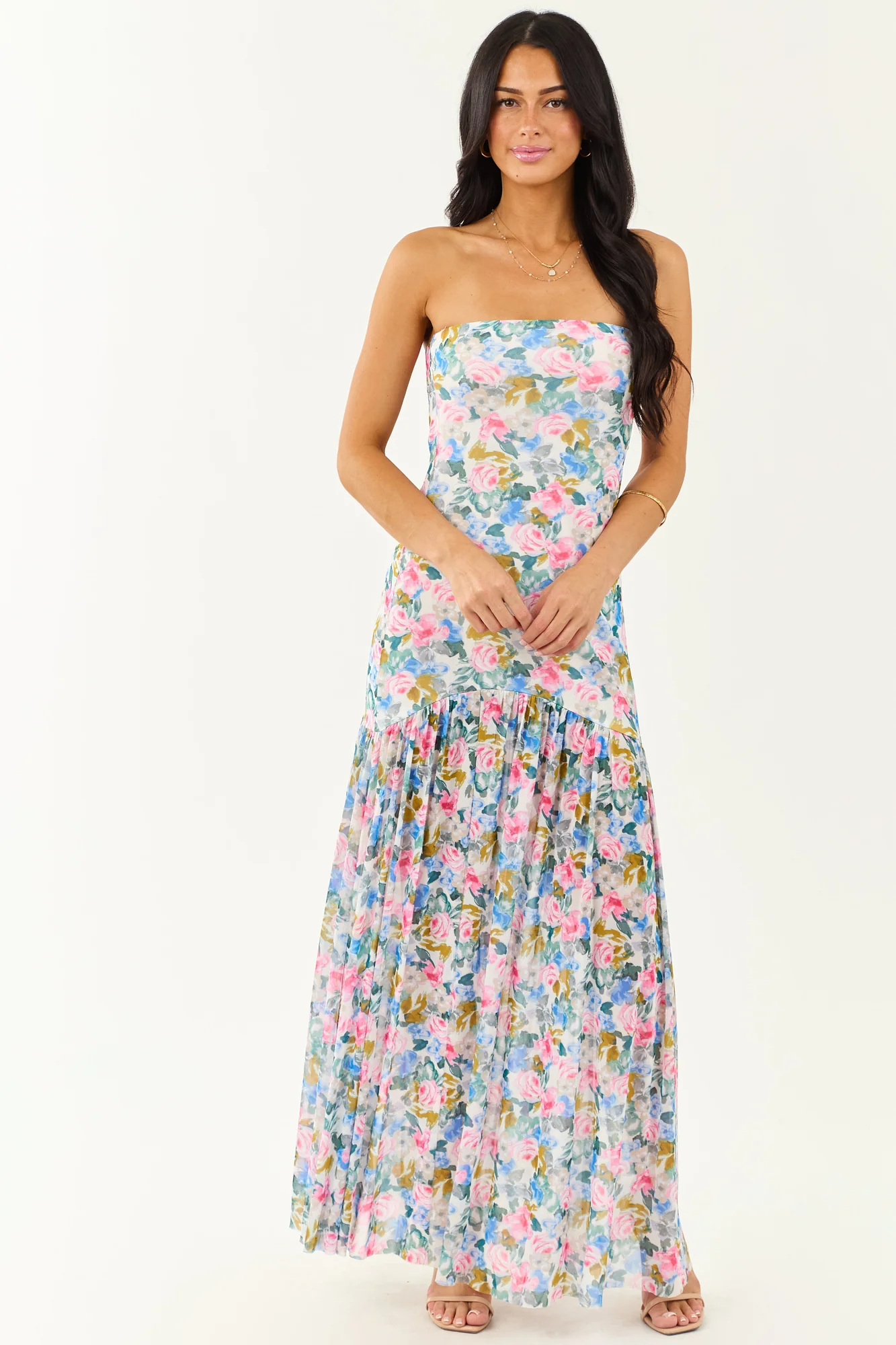 Floral Print Front Slit Mesh Maxi Dress - Garden Inspired Style