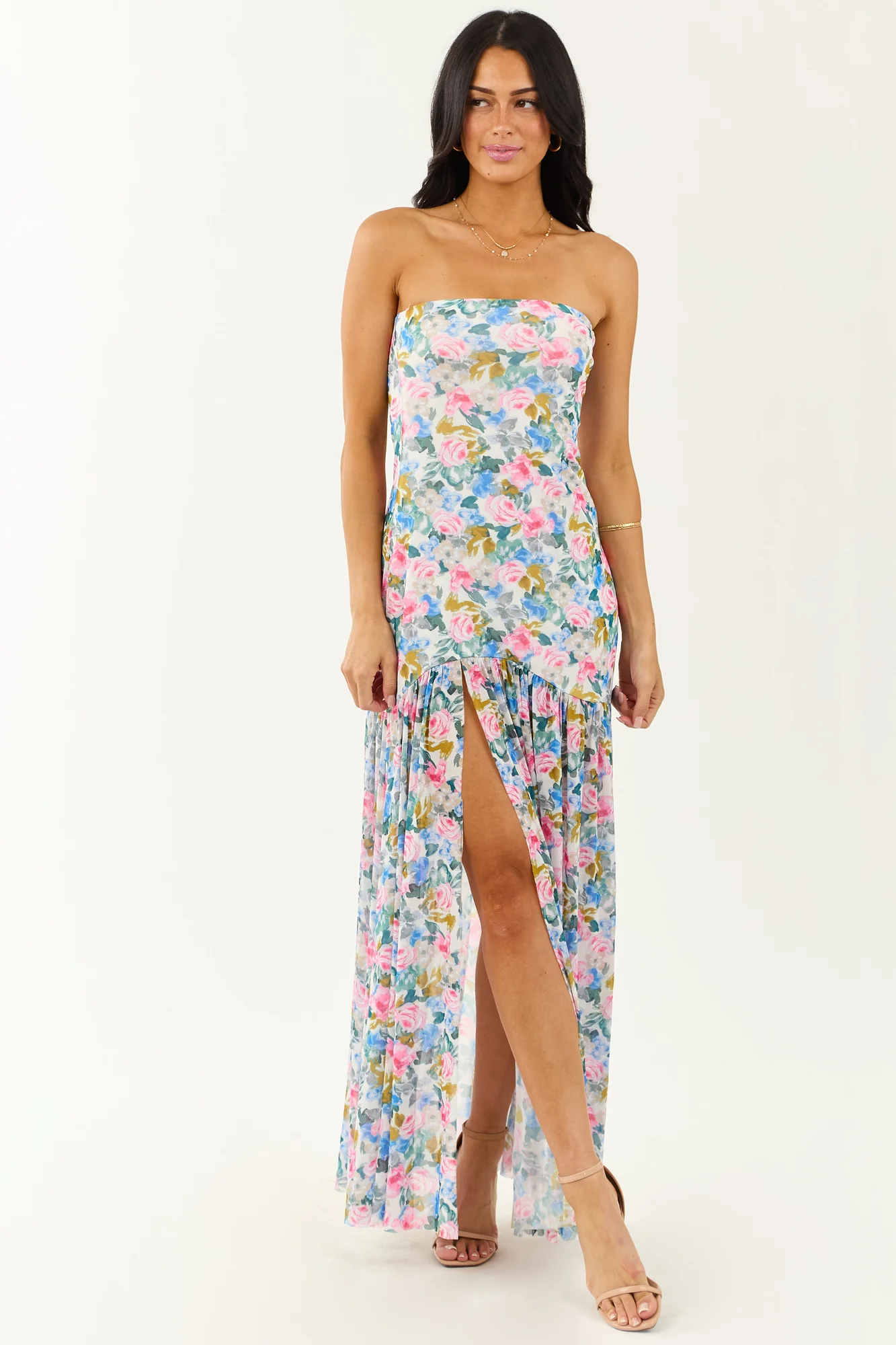 Floral Print Front Slit Mesh Maxi Dress - Garden Inspired Style