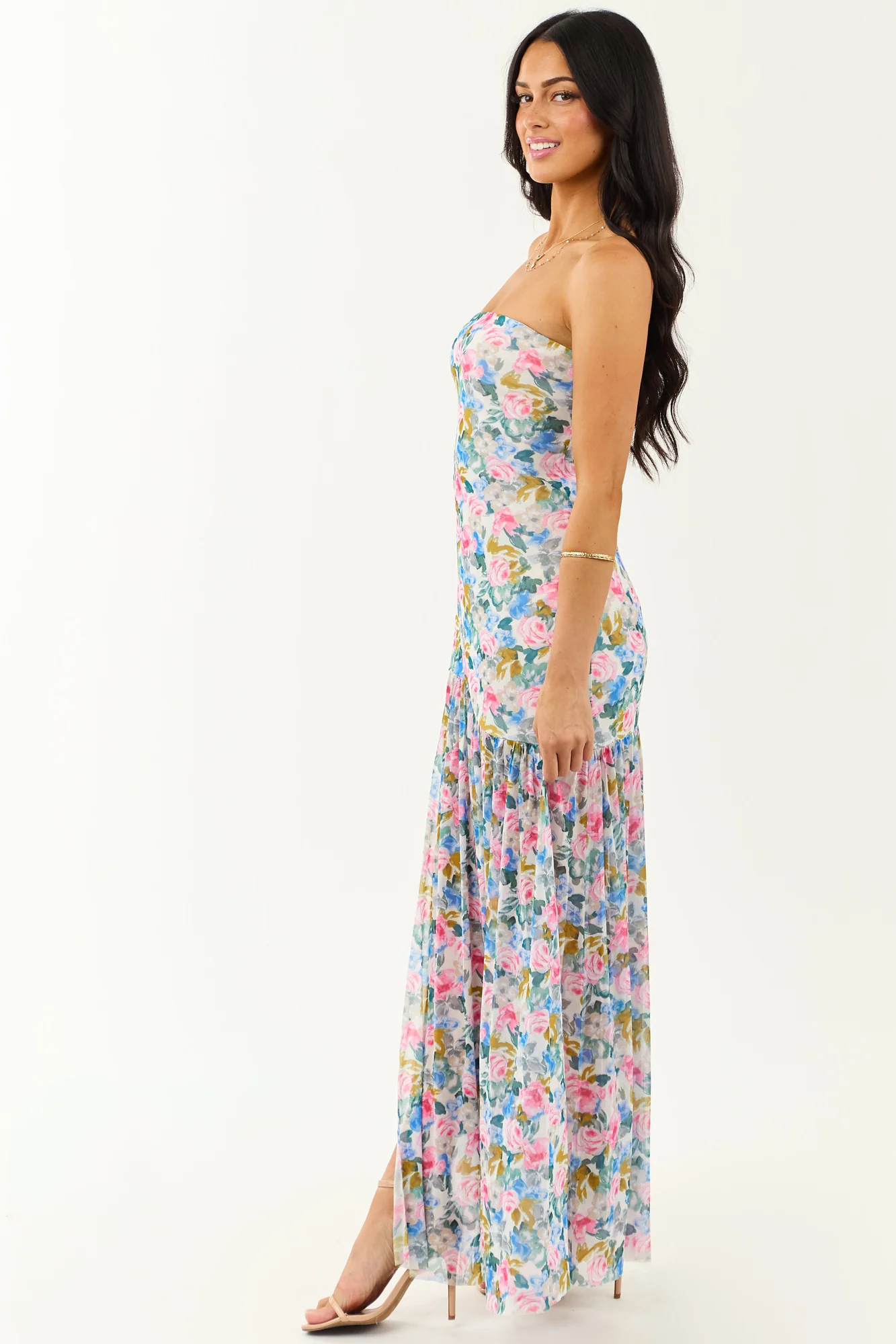 Floral Print Front Slit Mesh Maxi Dress - Garden Inspired Style