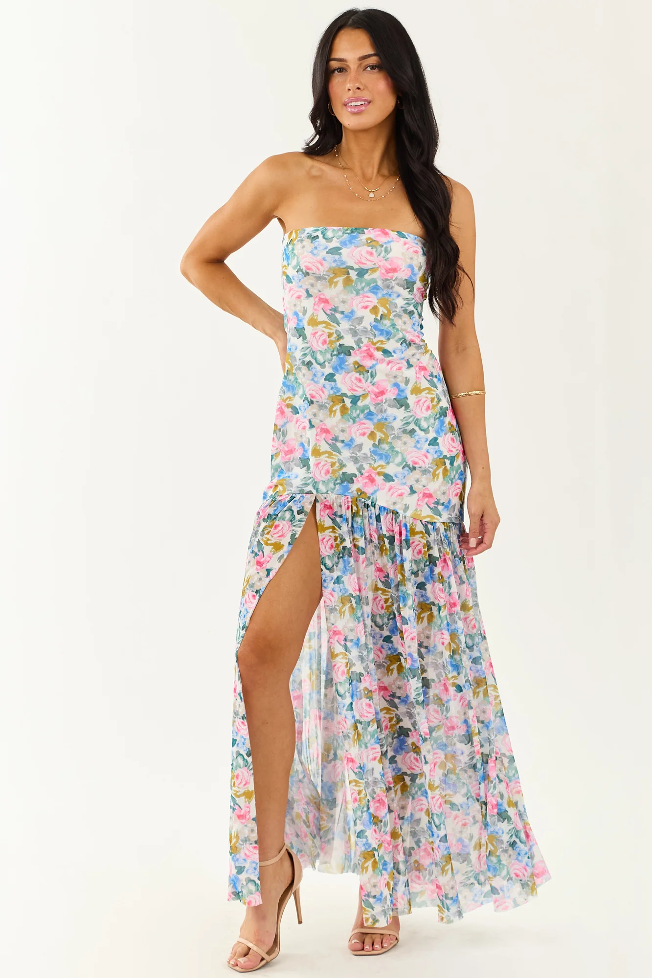 Floral Print Front Slit Mesh Maxi Dress - Garden Inspired Style
