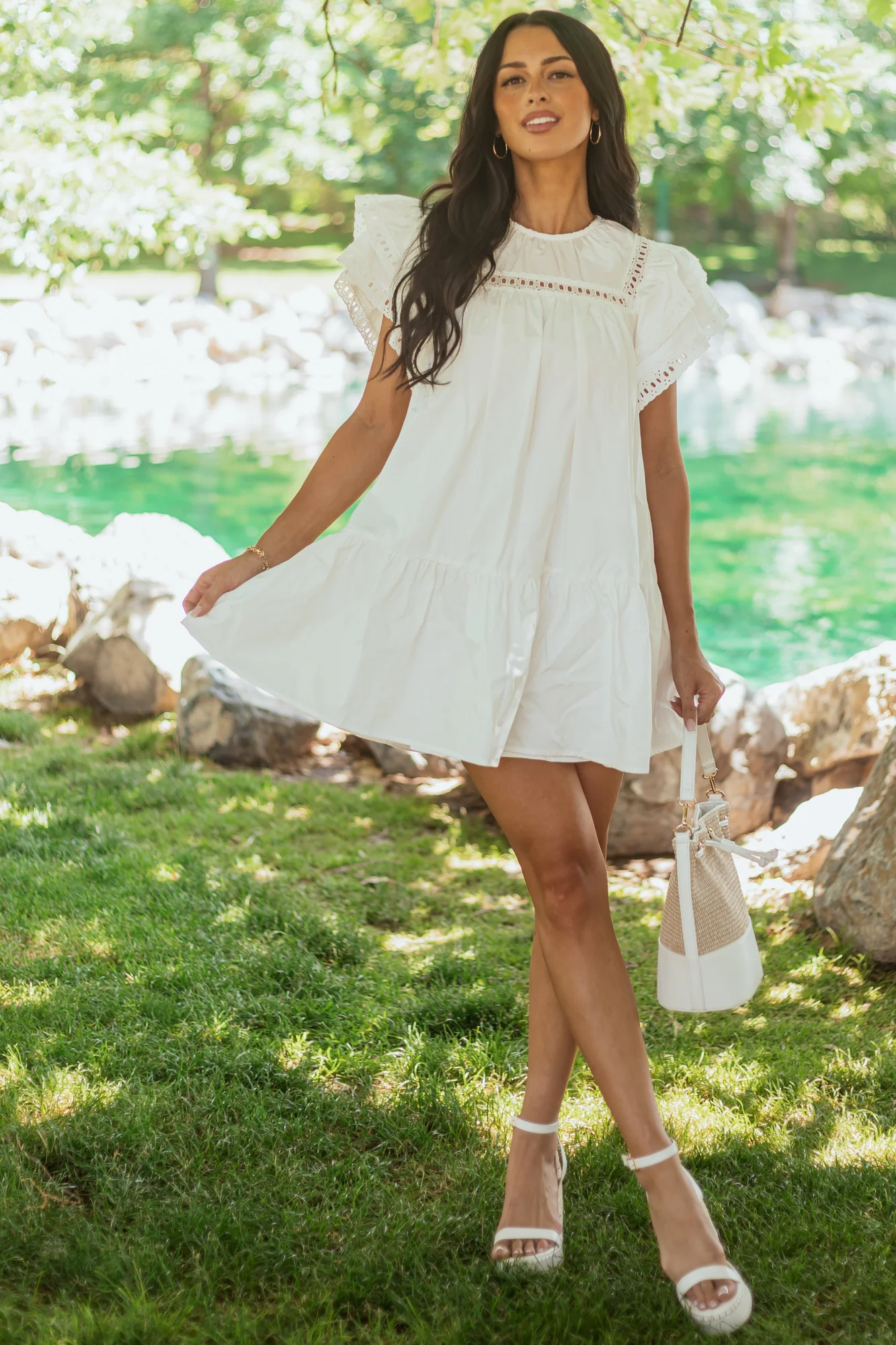 White Eyelet Lace Mini Dress Swingy Cottagecore Style