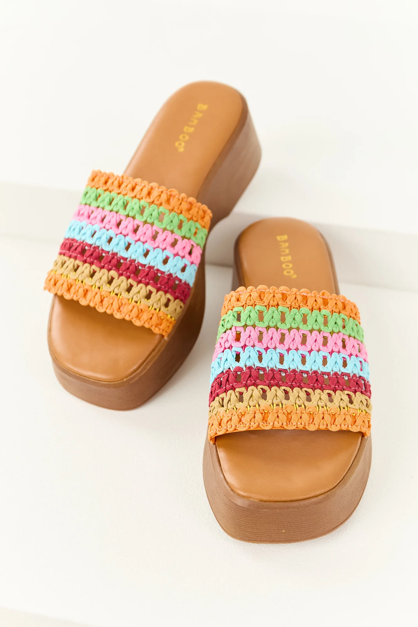 Crochet Strap Platform Slip-On Sandals in Multicolor - Womens Heeled Shoes