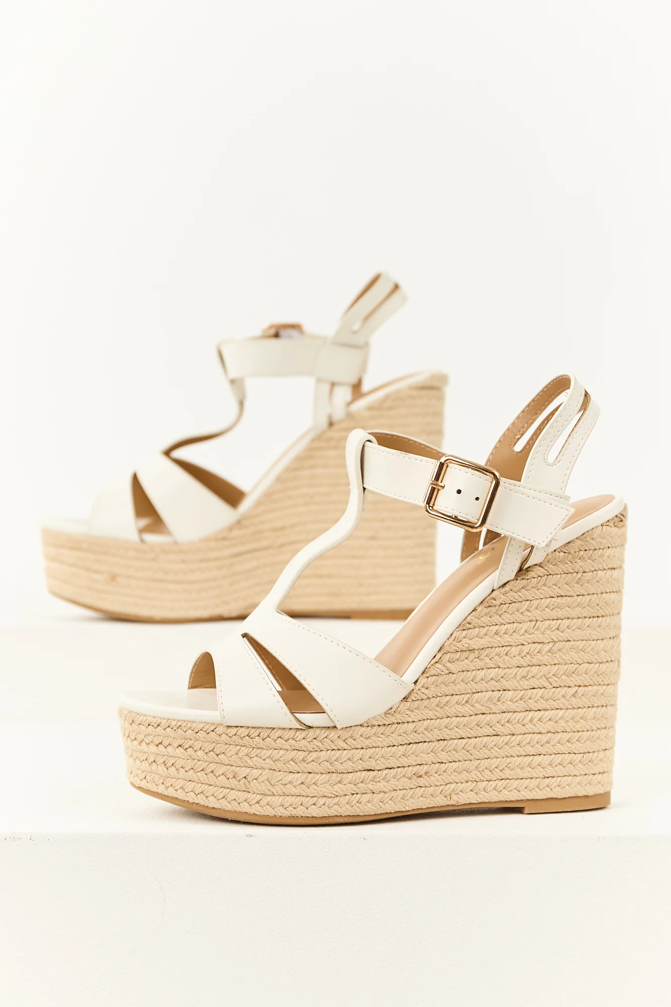 White Platform Wedges with Cut Out T-Strap Design
