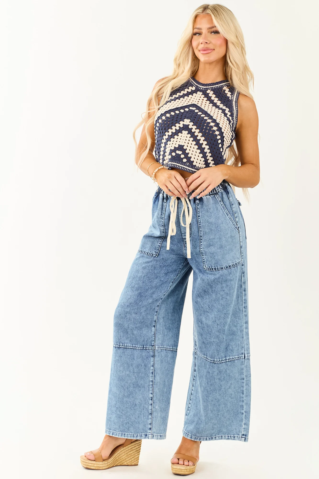 Navy and Cream Chevron Crochet Crop Tank Top