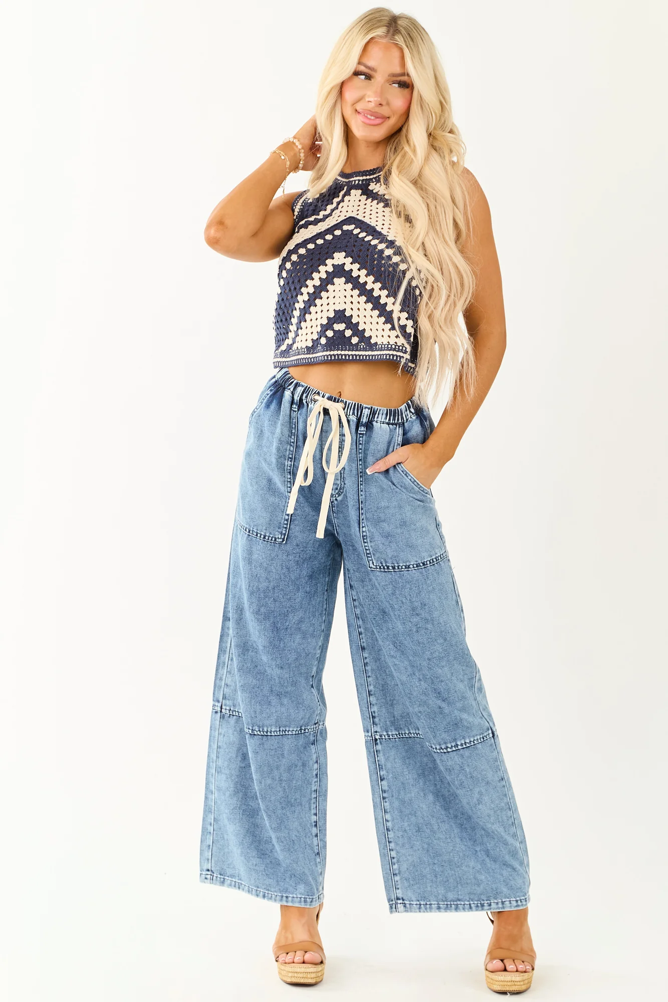 Navy and Cream Chevron Crochet Crop Tank Top