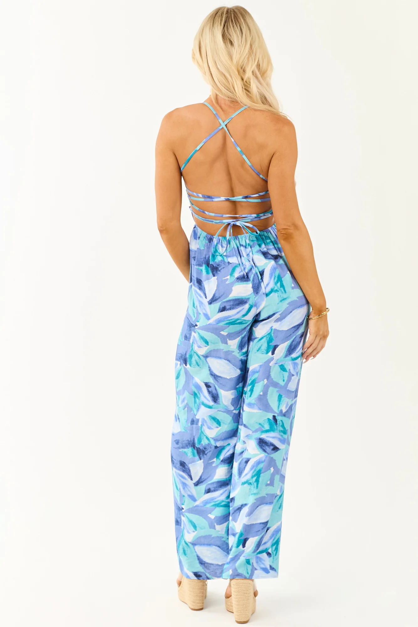 Tropical Print Wide Leg Back Tie Jumpsuit in Dusty Blue