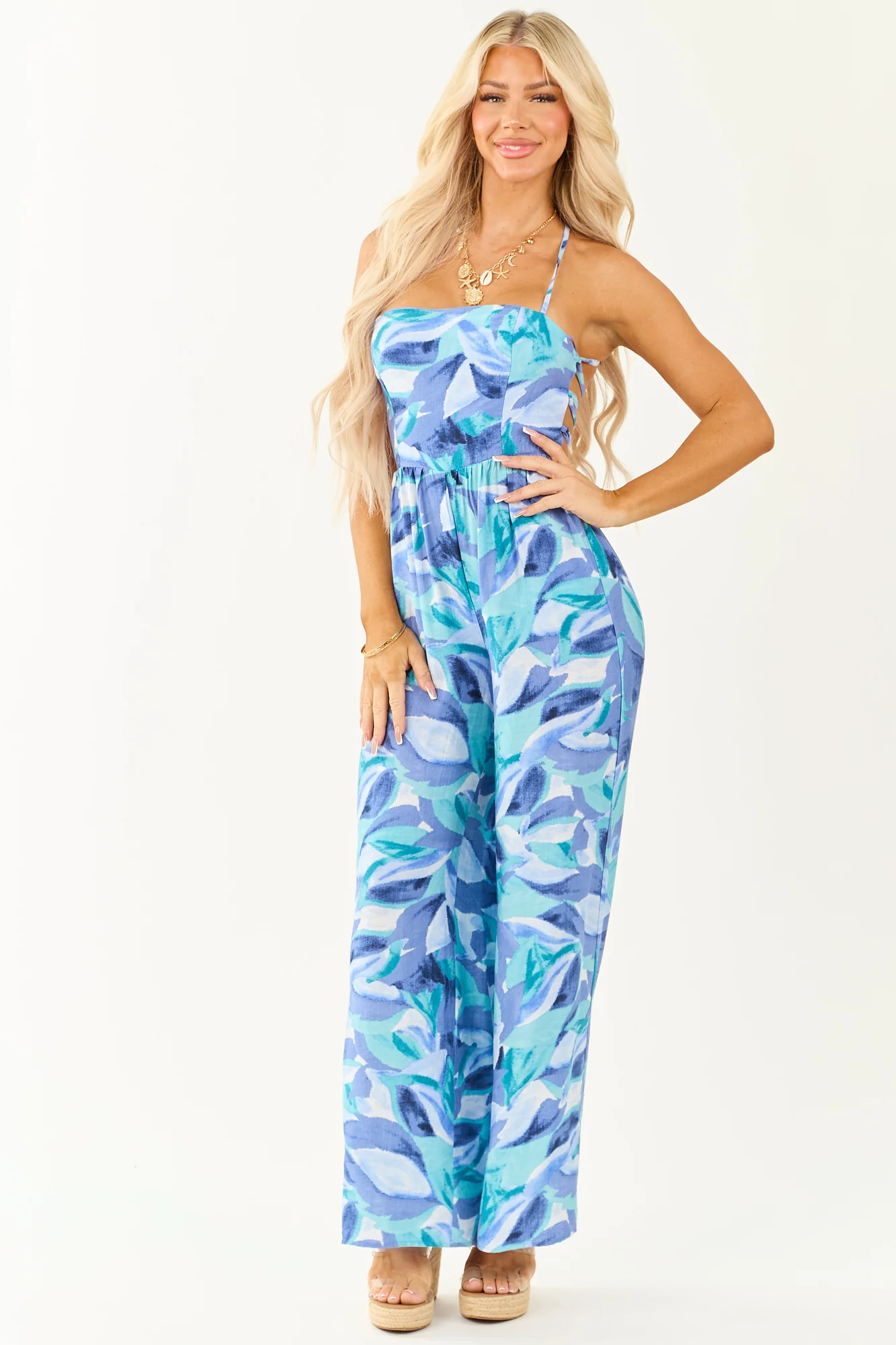 Tropical Print Wide Leg Back Tie Jumpsuit in Dusty Blue