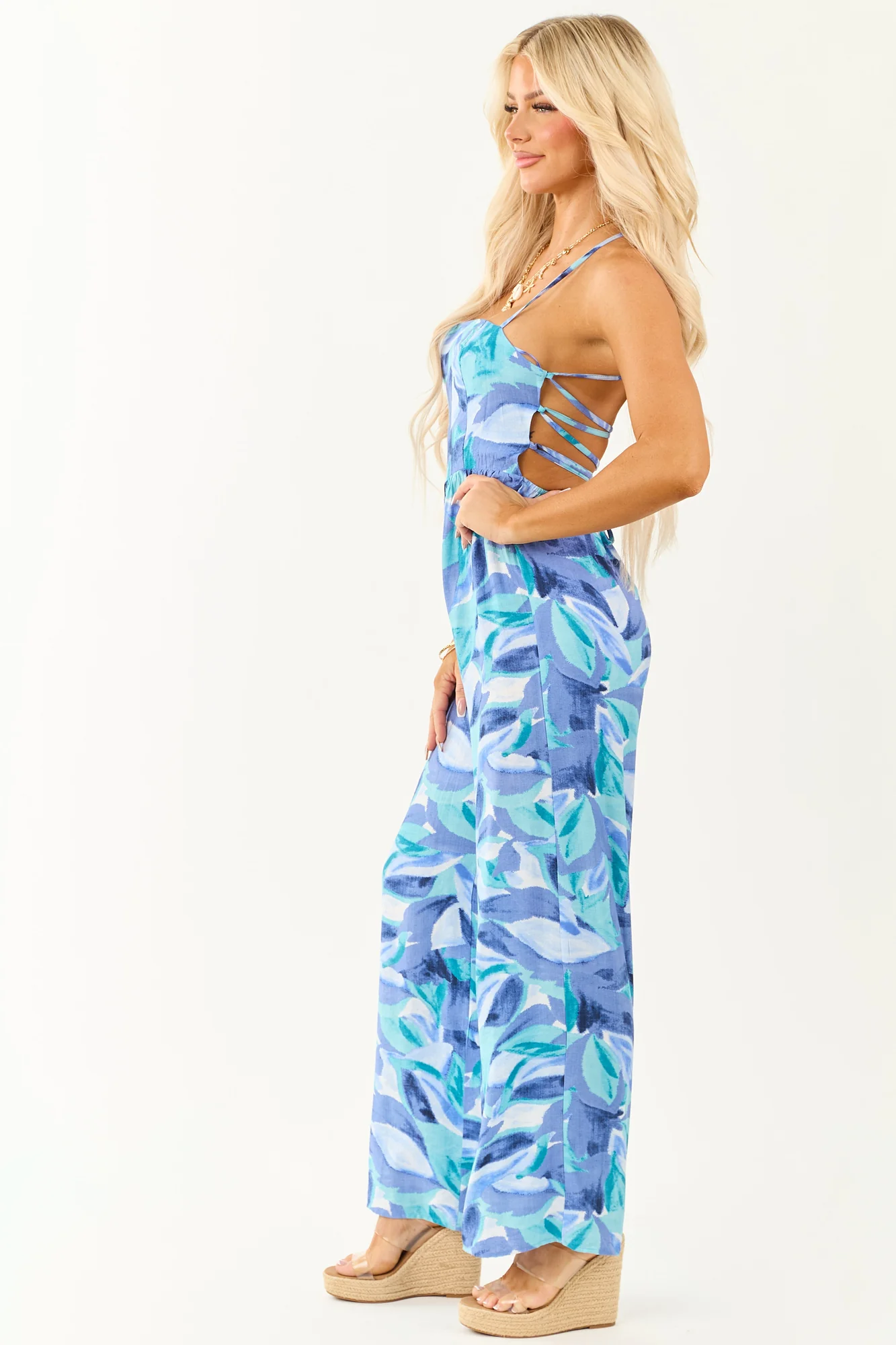 Tropical Print Wide Leg Back Tie Jumpsuit in Dusty Blue