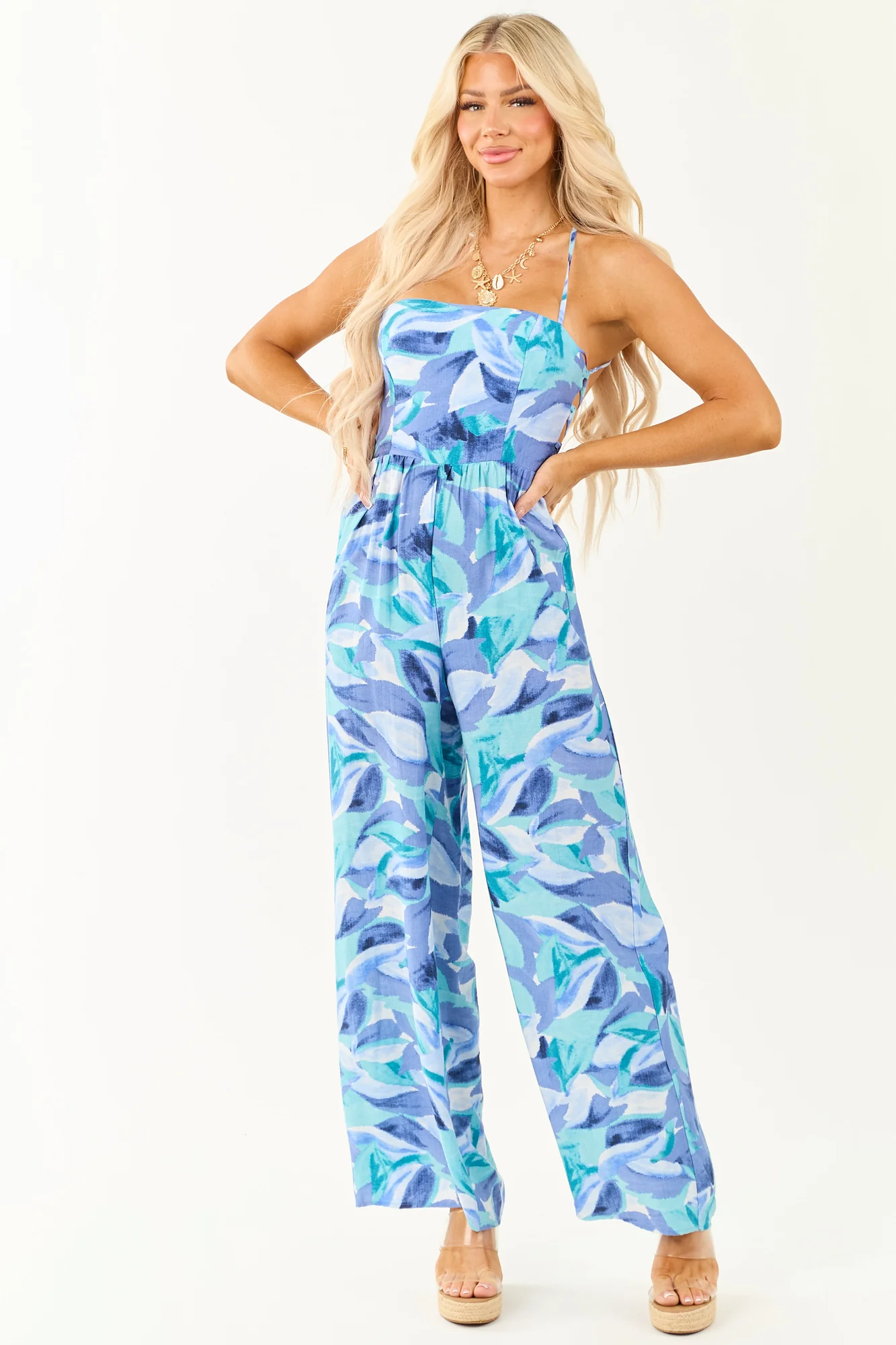 Tropical Print Wide Leg Back Tie Jumpsuit in Dusty Blue