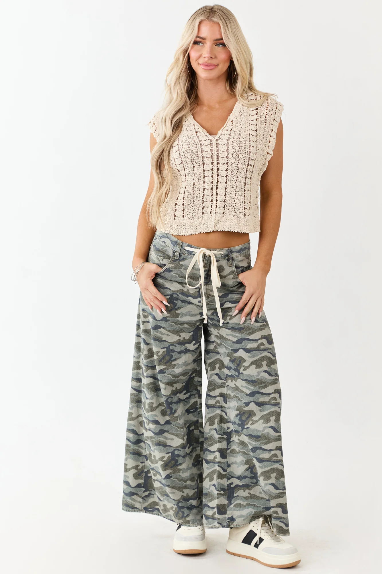 Almond Crochet Knit Cap Sleeve White Top