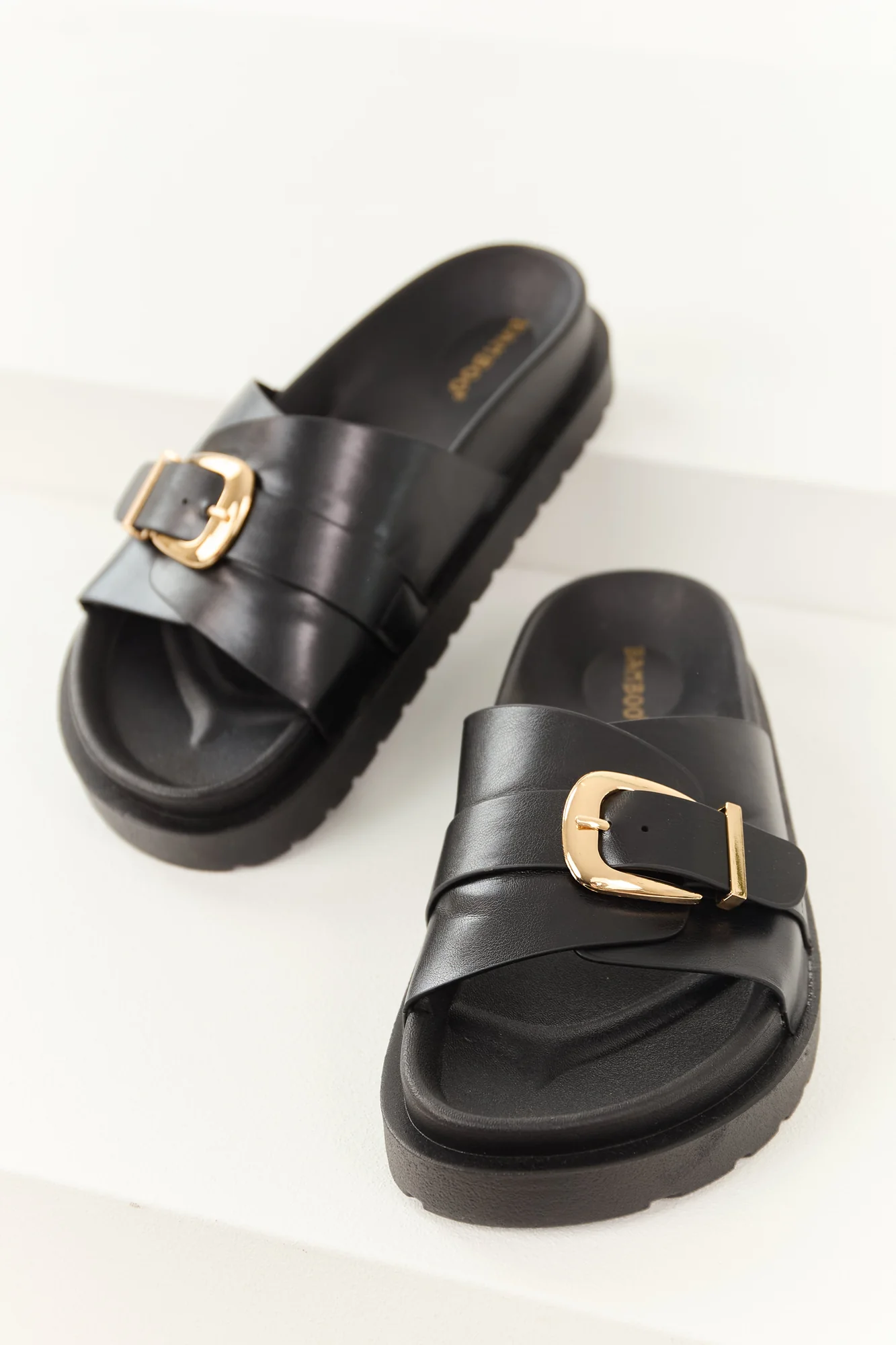 Comfortable Black Buckle Slip-On Sandals with Platform