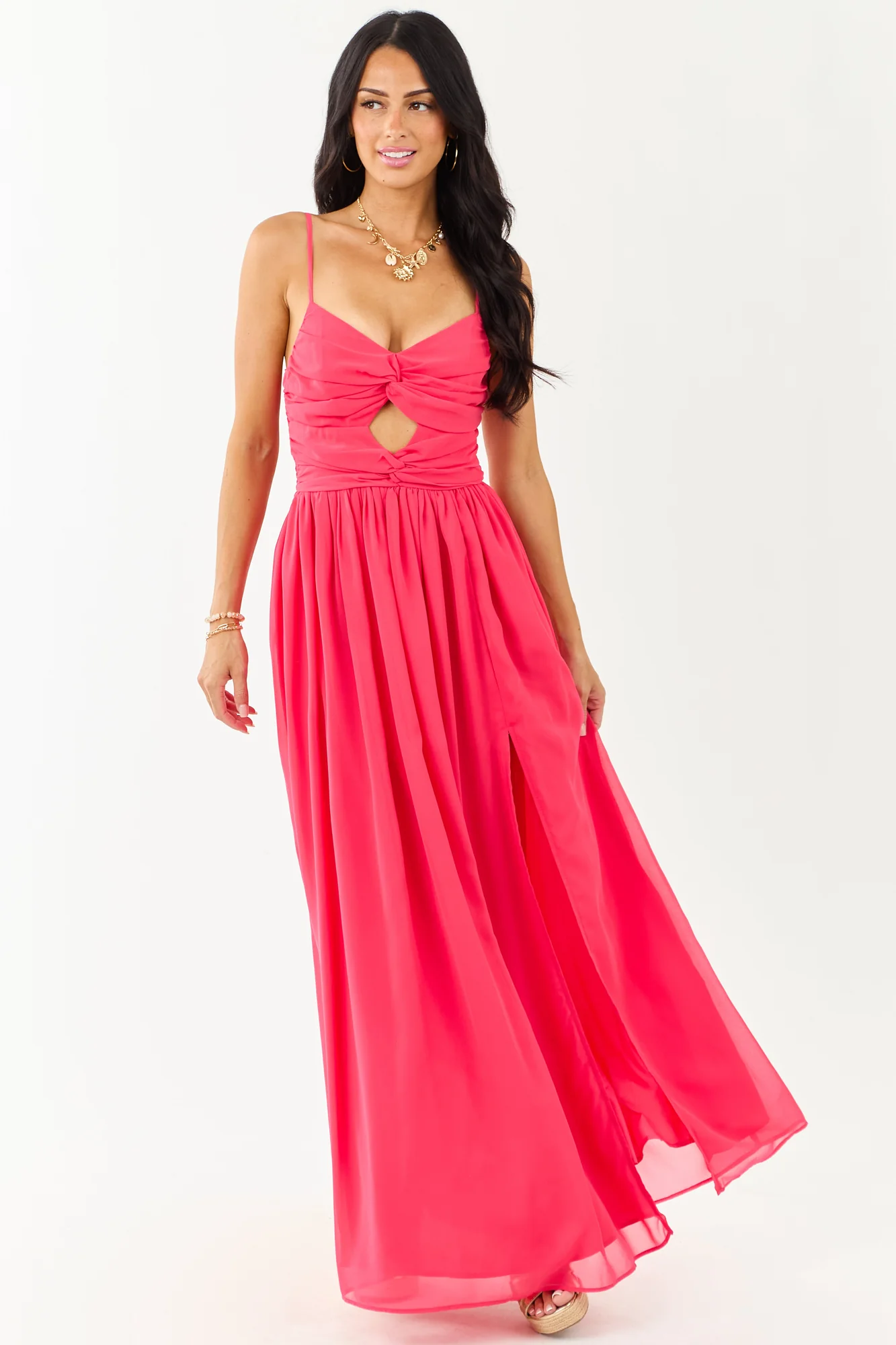 Pink Flowy Chiffon Twist Maxi Dress - Elegant Summer Fashion